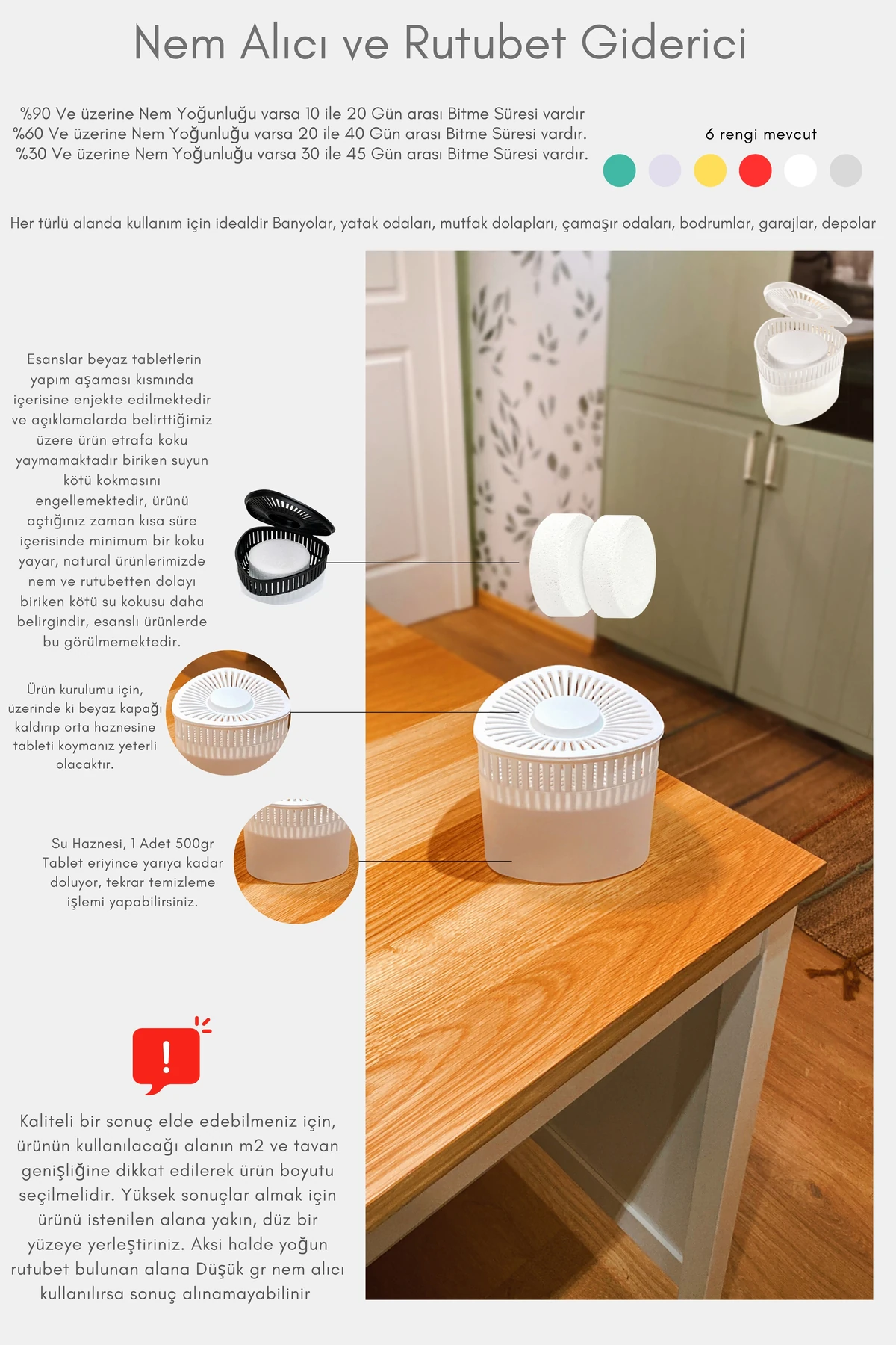 Nem Emici | Küf Önleyici | Ev Tipi Rutubet Giderici | Elma Esanslı | 500g X 6 Tablet | Ev,depo