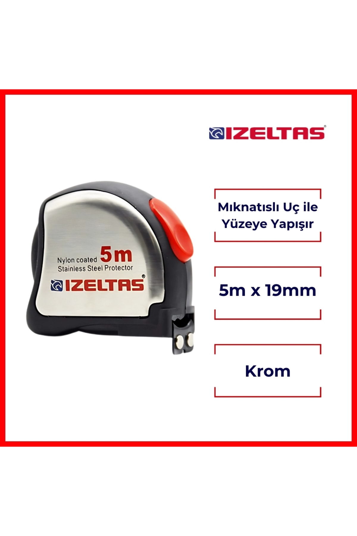 Şerit Metre, Mıknatıslı Uç, Krom, 5 M, 19 Mm, Yüzeye Yapışan