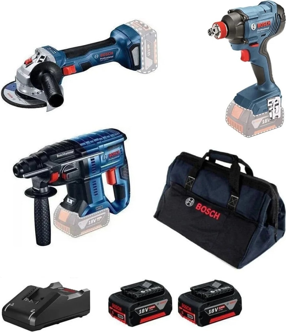 BOSCH Gbh 180-LI Kırıcı Delici + Gws 180-LI Taşlama + Gdx 180 Lı Somun Sıkma + Gal 1880 Cv Şarj Cihazı 2X5.0 Ah Akü Seti