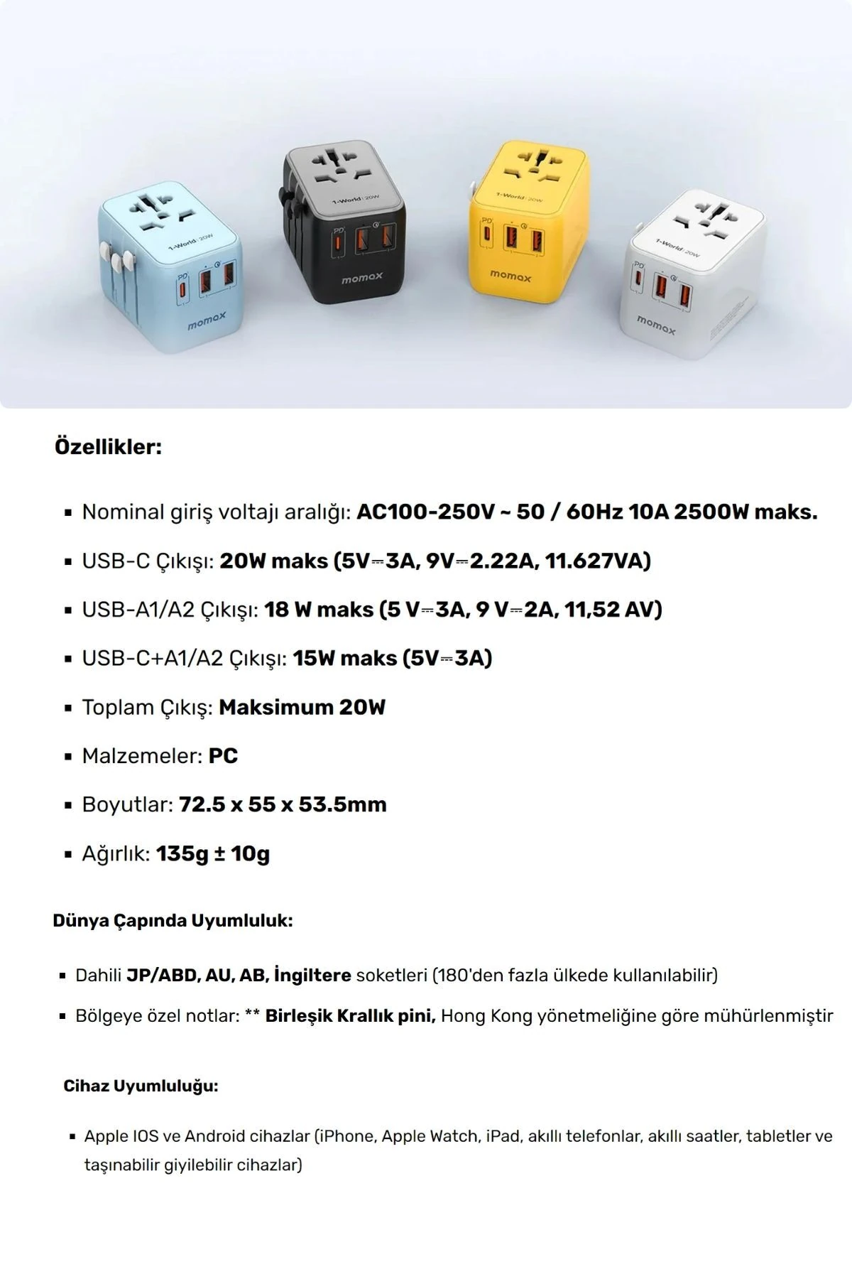 20W 1-World 5-Port AC Seyahat Piriz Dönüştürücü Charger (Beyaz)