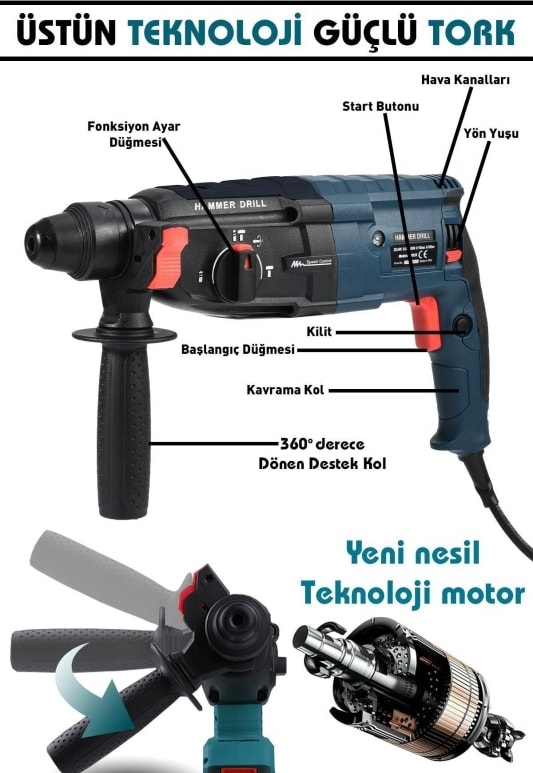 850W Assur Metal Şanzıman Darbeli Matkap Kırıcı Delici Hilti 2-28MM