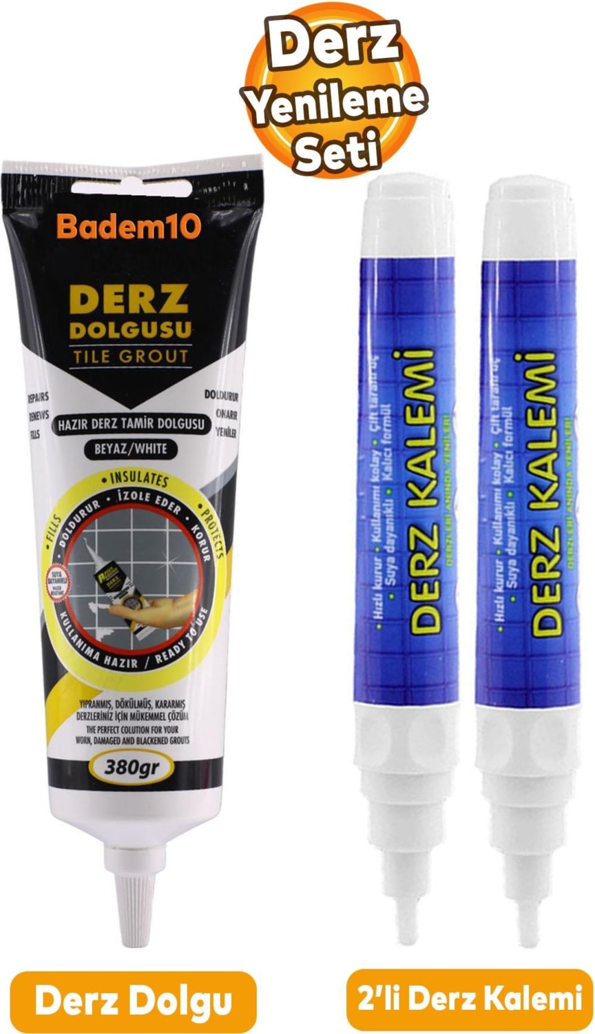 (3'lü Set) Fayans Beyaz Derz Boyama Boyası Kalemi + Fayans Arası Hazır Derz Dolgusu 380 gr