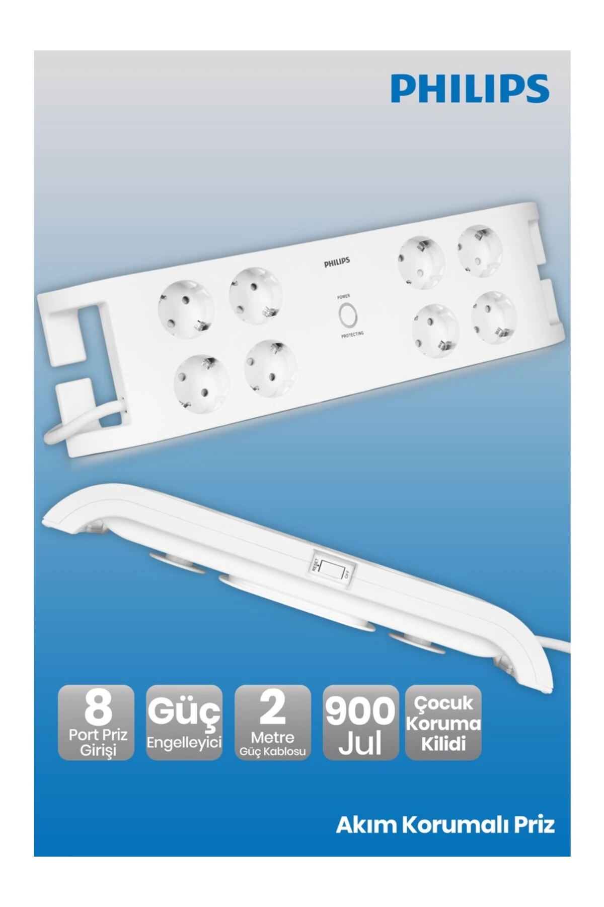 2 Metre 8'li 900 Jul Akım Korumalı Priz Spn3080b