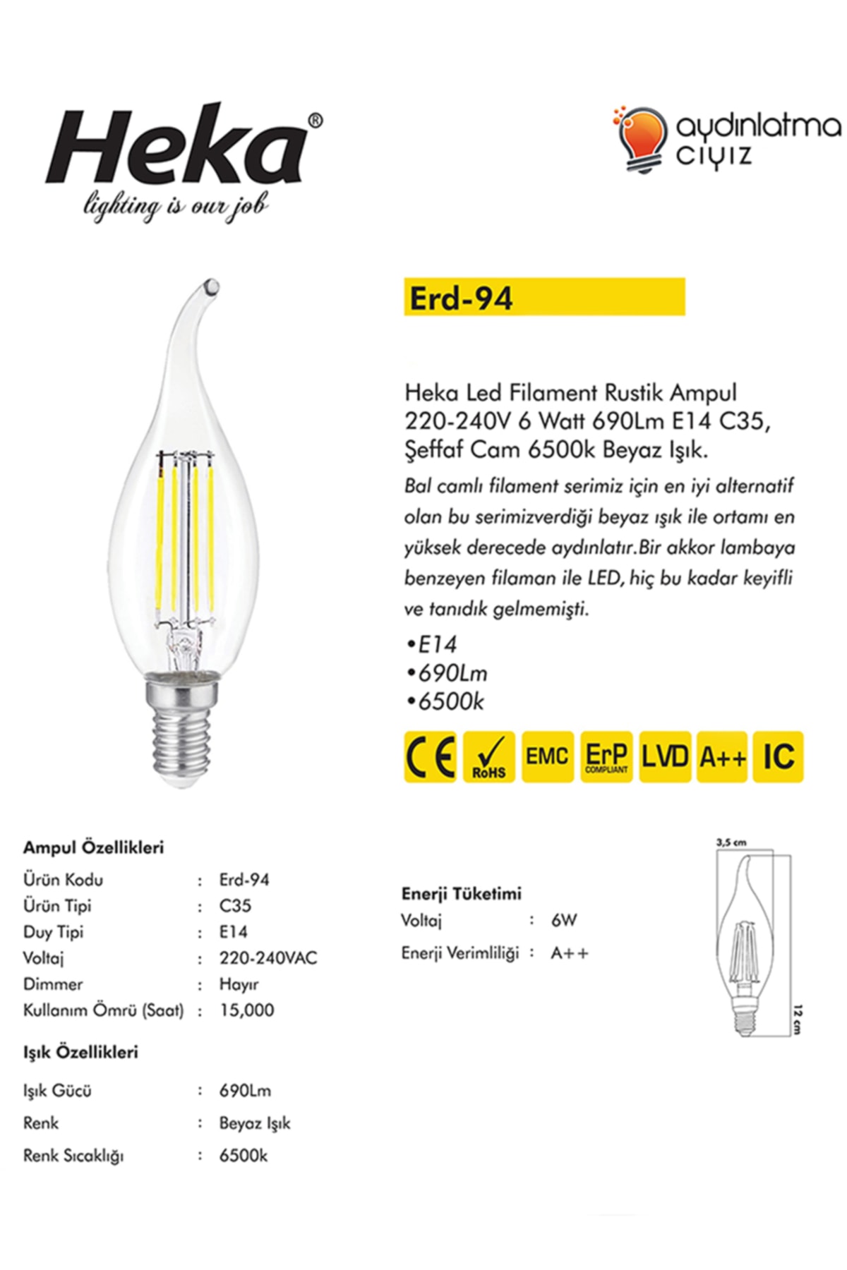 2'li Led Filament Rustik Ampul Kıvrık Uç 6w E14 6500k (beyaz Işık)