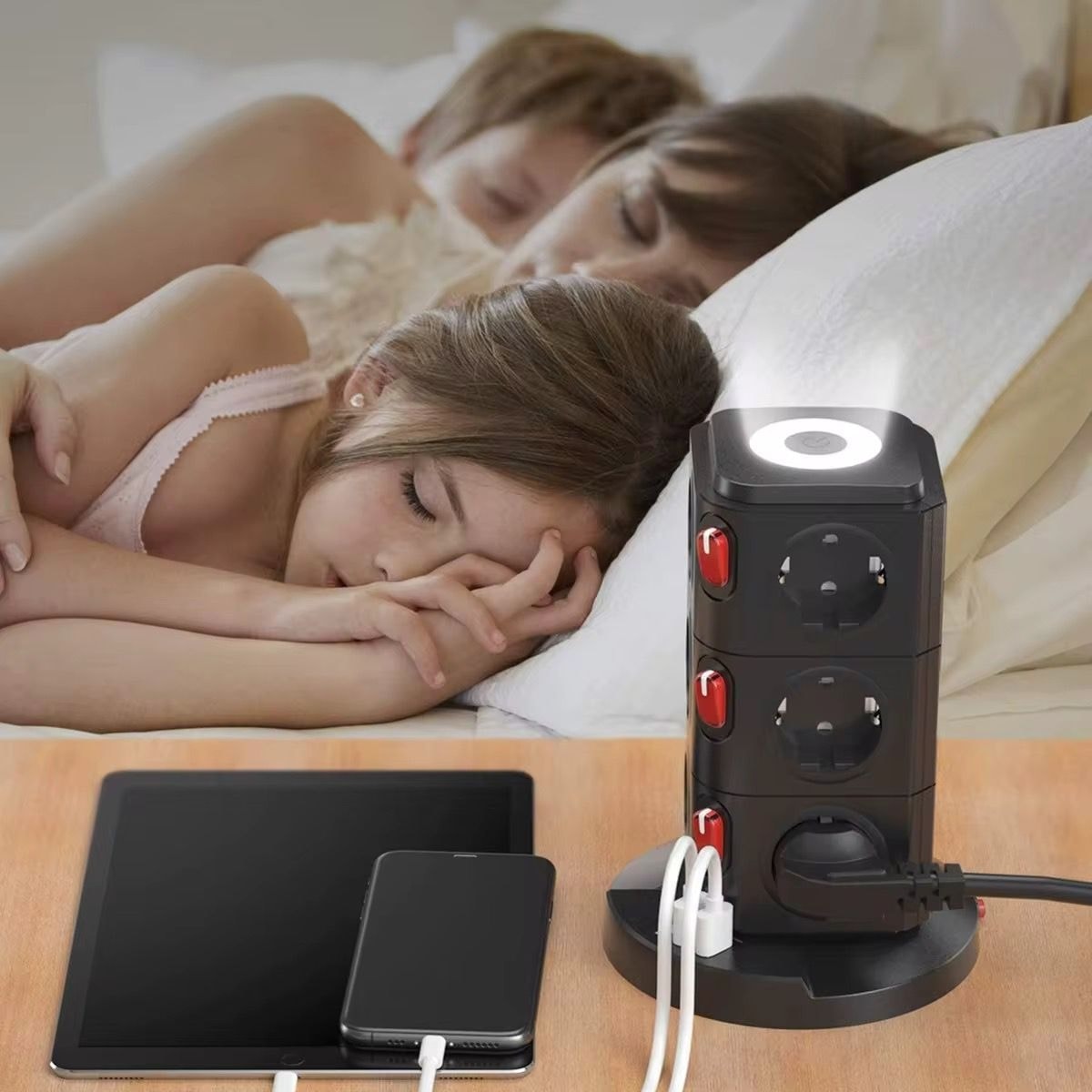 Akım Korumalı 12 Prizli Çoklu Uzatma Kablosu - 3 USB Girişli, Anahtarlı, Kule Tipi, 2 Metre Wireless Kablosuz Şarj