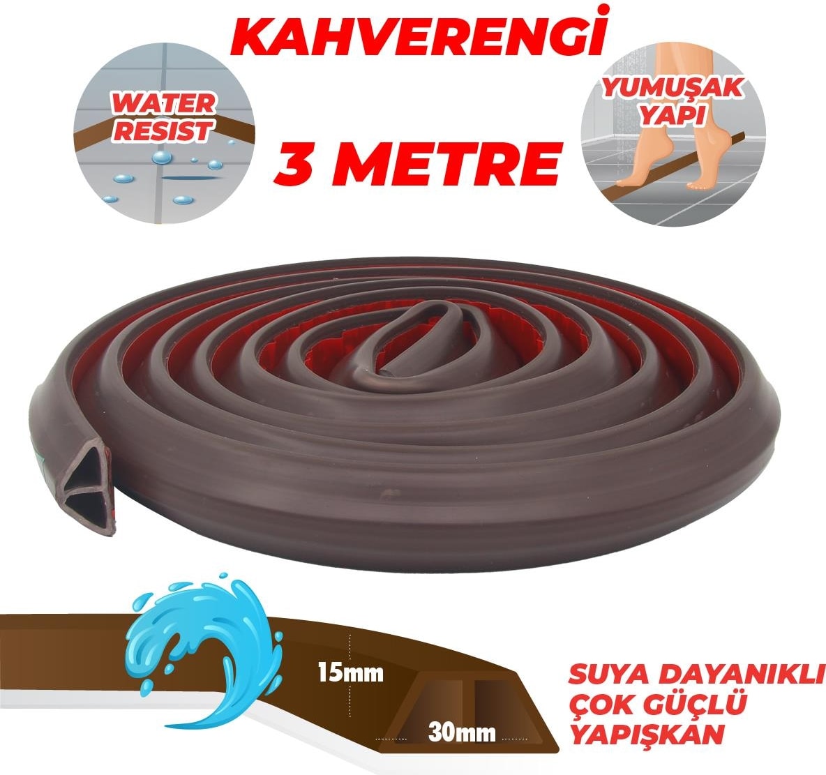 OZKUVVET Duş, Kapı Eşiği, Mutfak Tezgahı Etrafı Su Kesici Bariyer Kahverengi 3 Metre