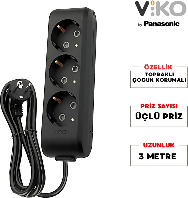 | Üçlü Grup Priz, Topraklı - Çocuk Korumalı Çoğaltıcı Priz [Üçlü, 3 Metre, Siyah]