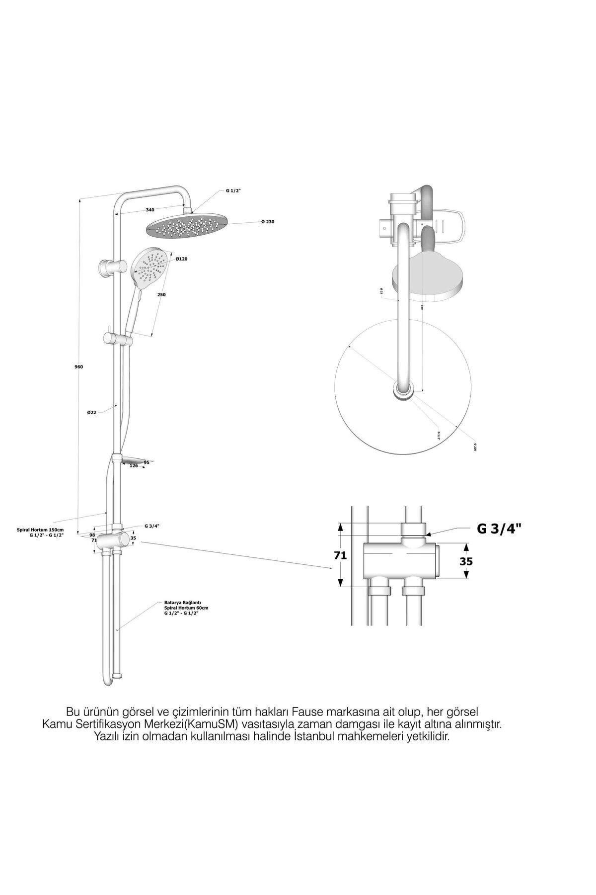 Kolonlu Tepe Duş Seti Robot Duş 3 Fonksiyon El Başlıklı Siyah Kds121-b