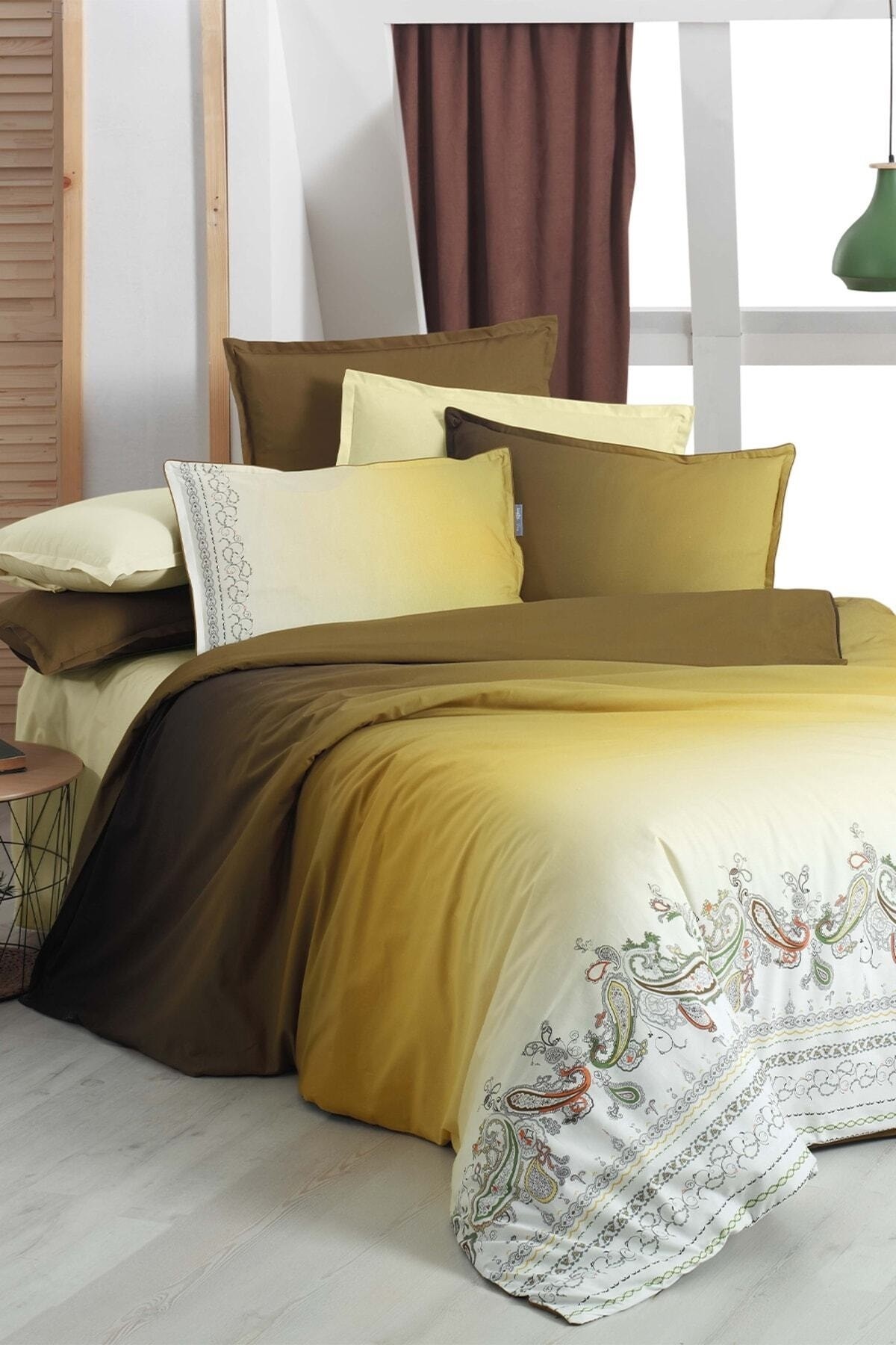 Terry Gri Sarı Çift Kişilik %100 Pamuk Fancy Poplin Nevresim Takımı