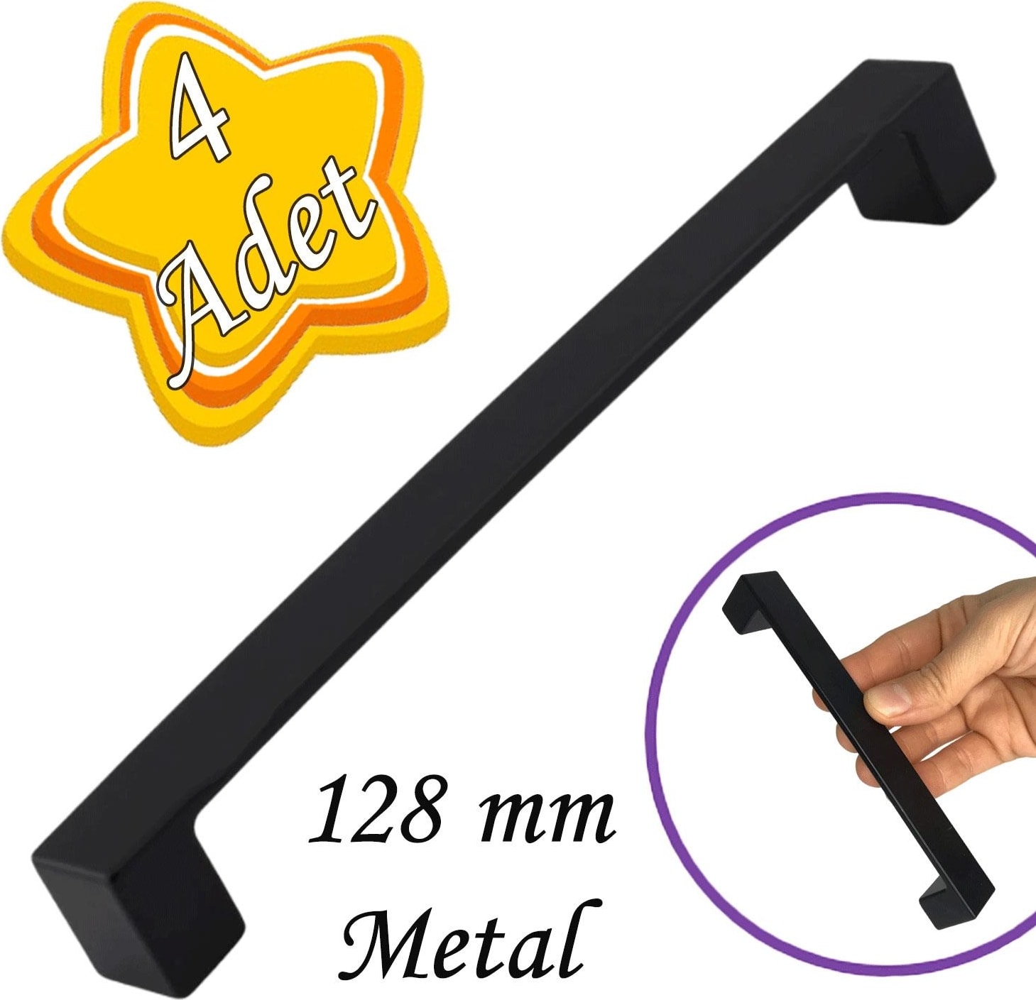 4 Adet Bihter Düz Kulp 128 mm Siyah Mutfak Kulpu Çekmece Dolap Kapak Kulbu Metal Mobilya Dolabı K.