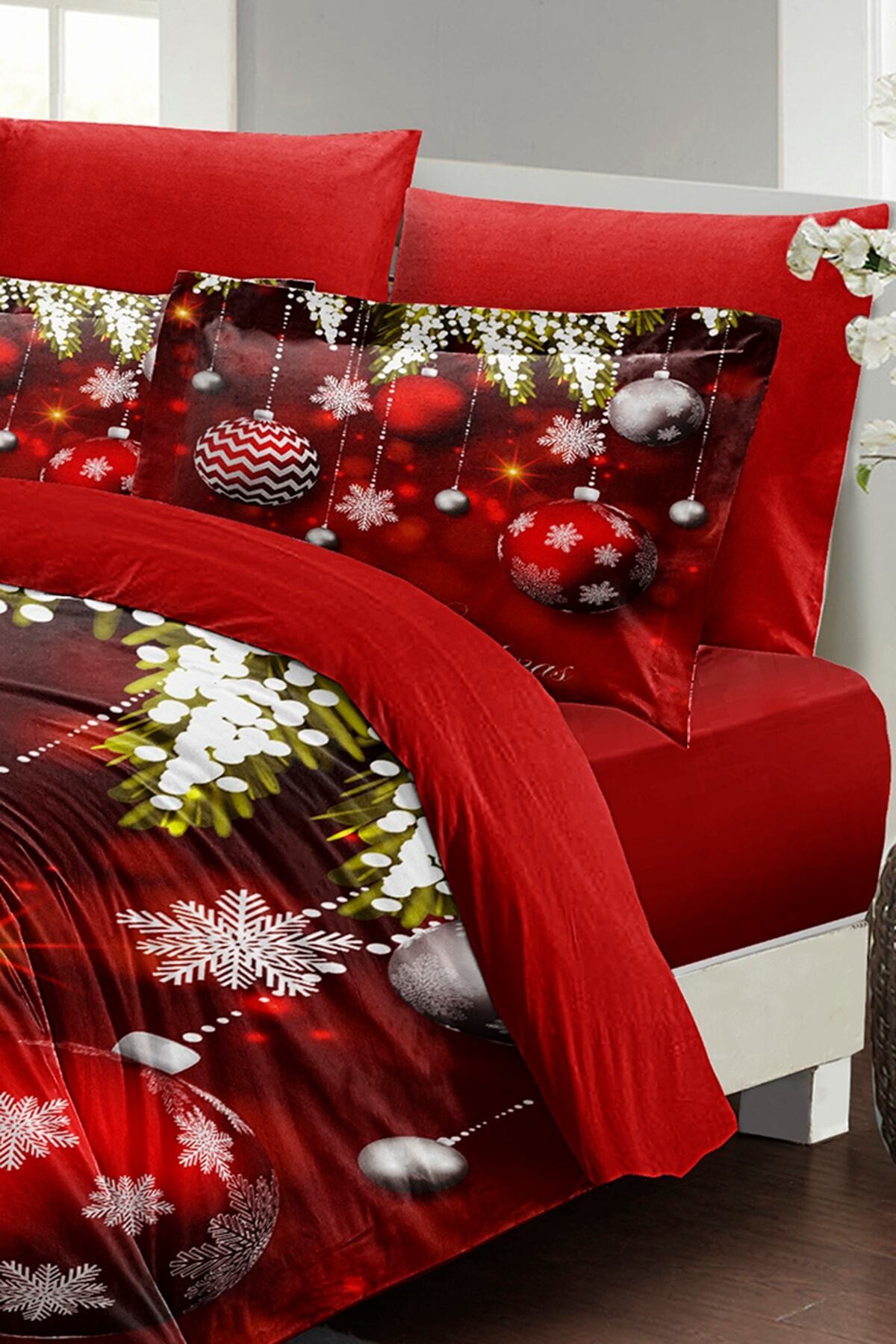 Kıng Sıze Yılbaşı Nevresim Takım %100 Doğal Pamuk Saten Noel Çift Kişilik Balls 220x240cm