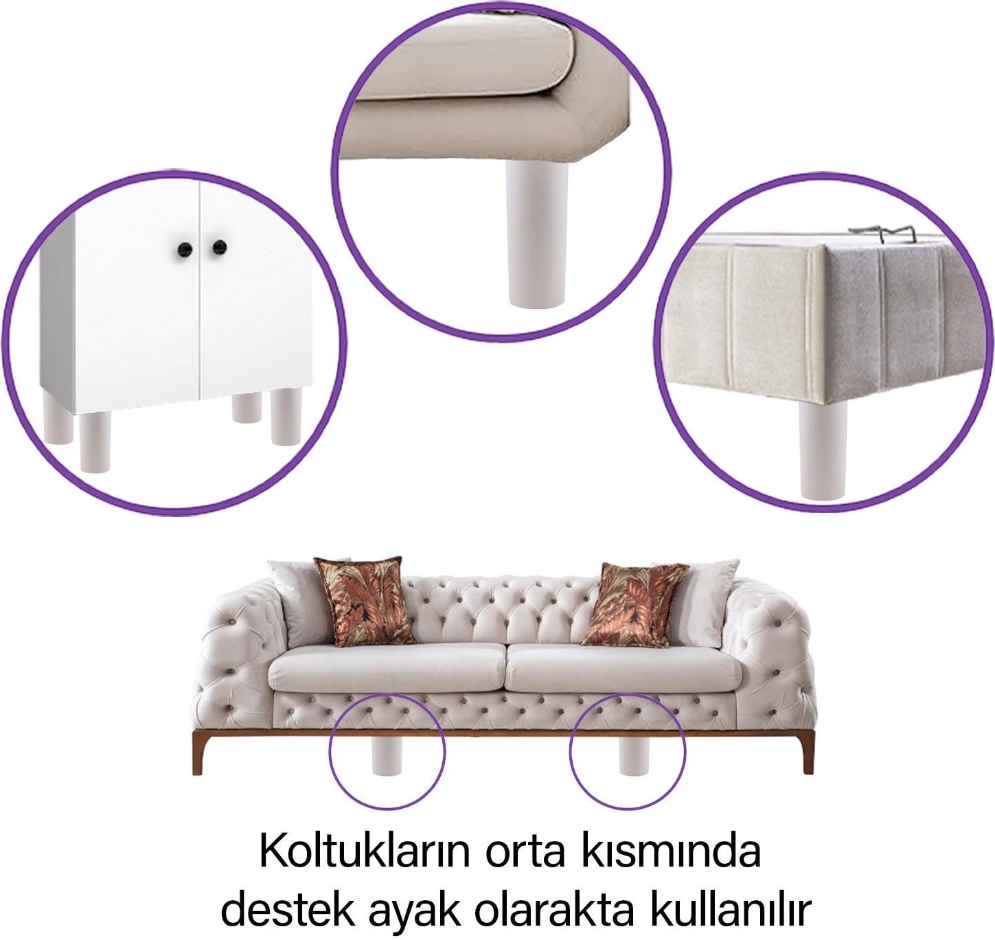 2 Adet Silindir Destek Ayağı 15 cm Beyaz Gizli Ayak M8 Civatalı Incediş Mobilya Kanepe Baza Koltuk