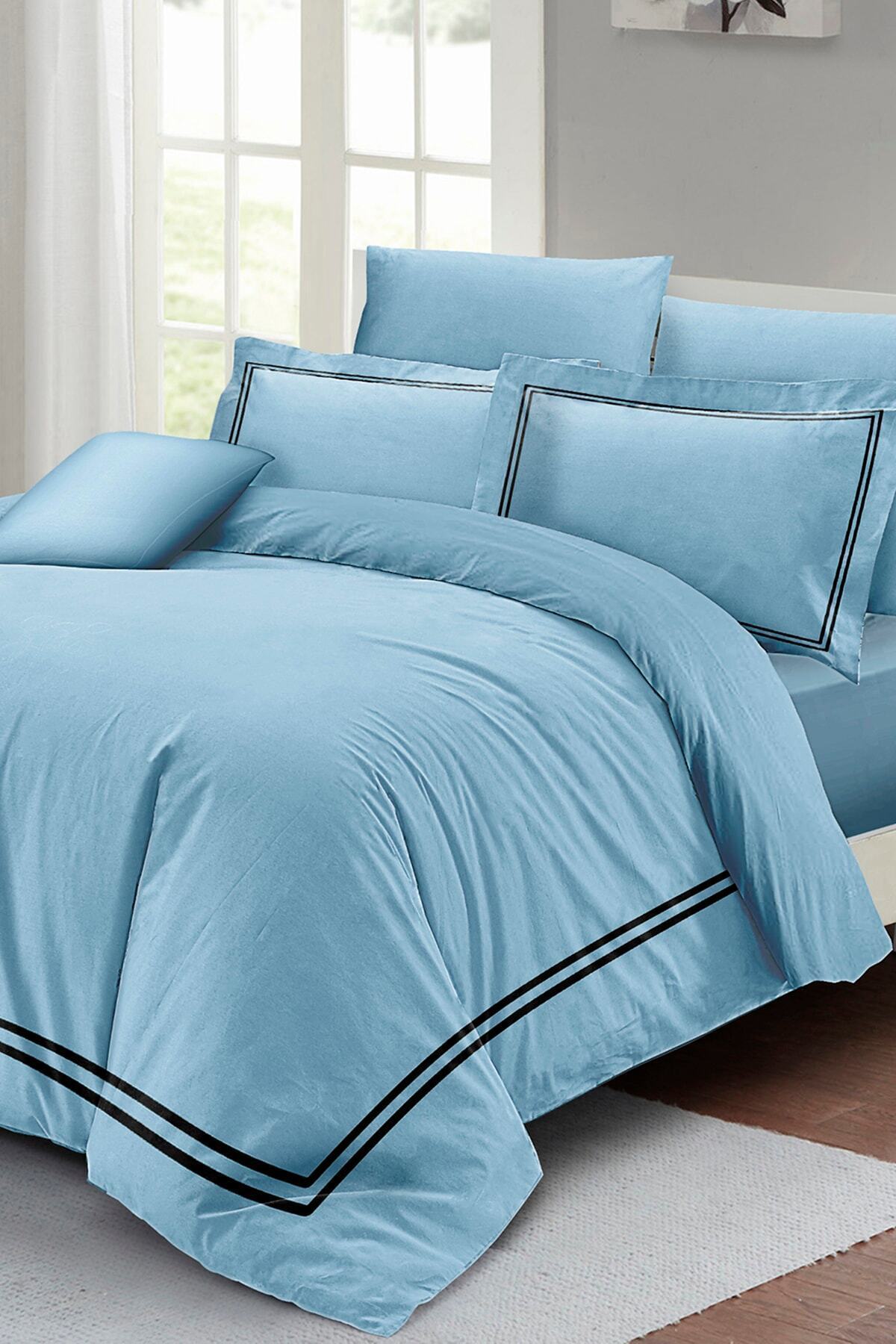 Kıng Sıze Çift Kişilik Nevresim Takımı %100 Luxury Pamuk Saten Mavi 220x240cm