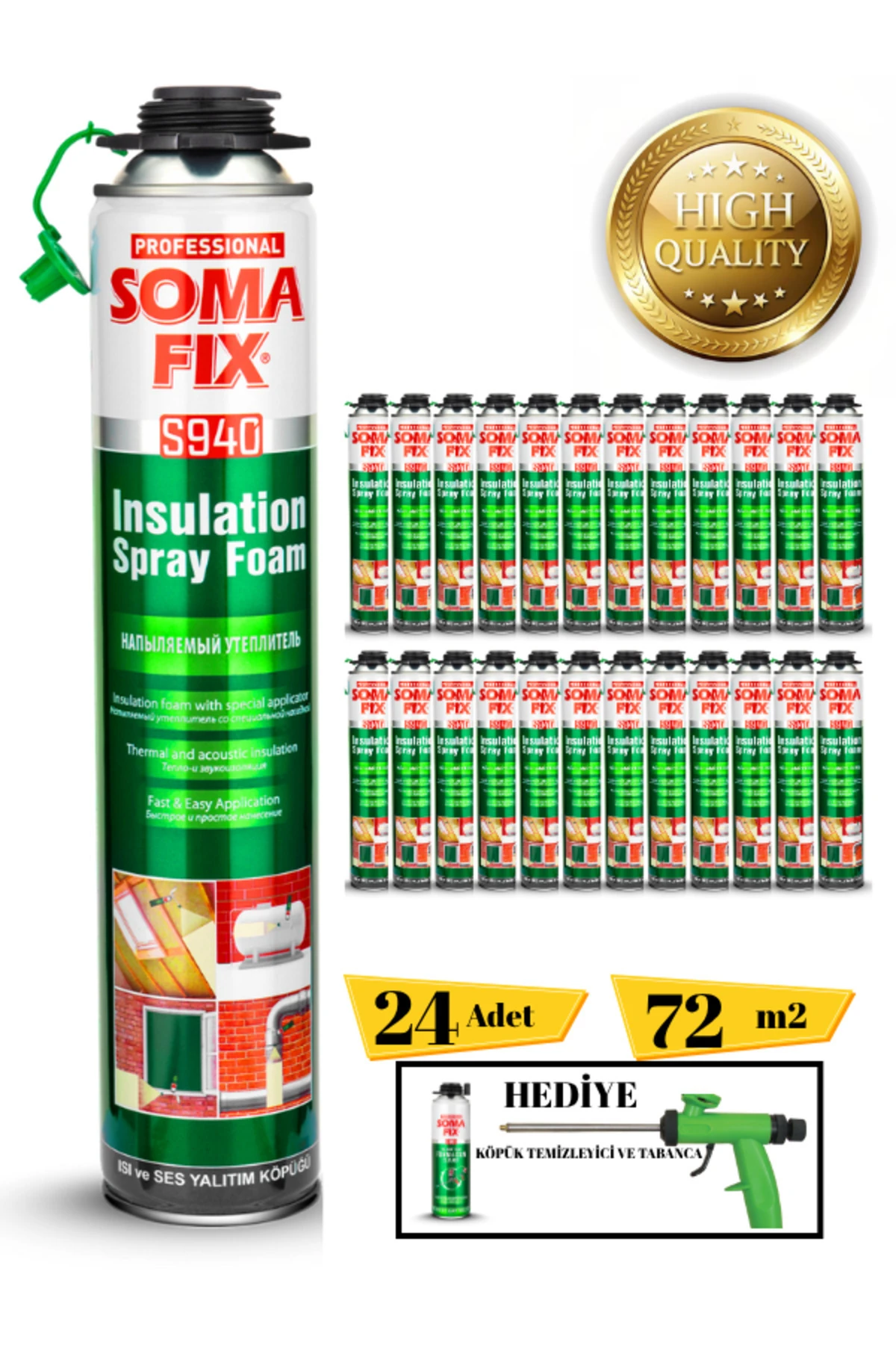 Poliüretan Termal Isı Ve Ses Yalıtım Sprey Köpük (24 ADET) Tabanca Ve Temizleyici Hediyeli
