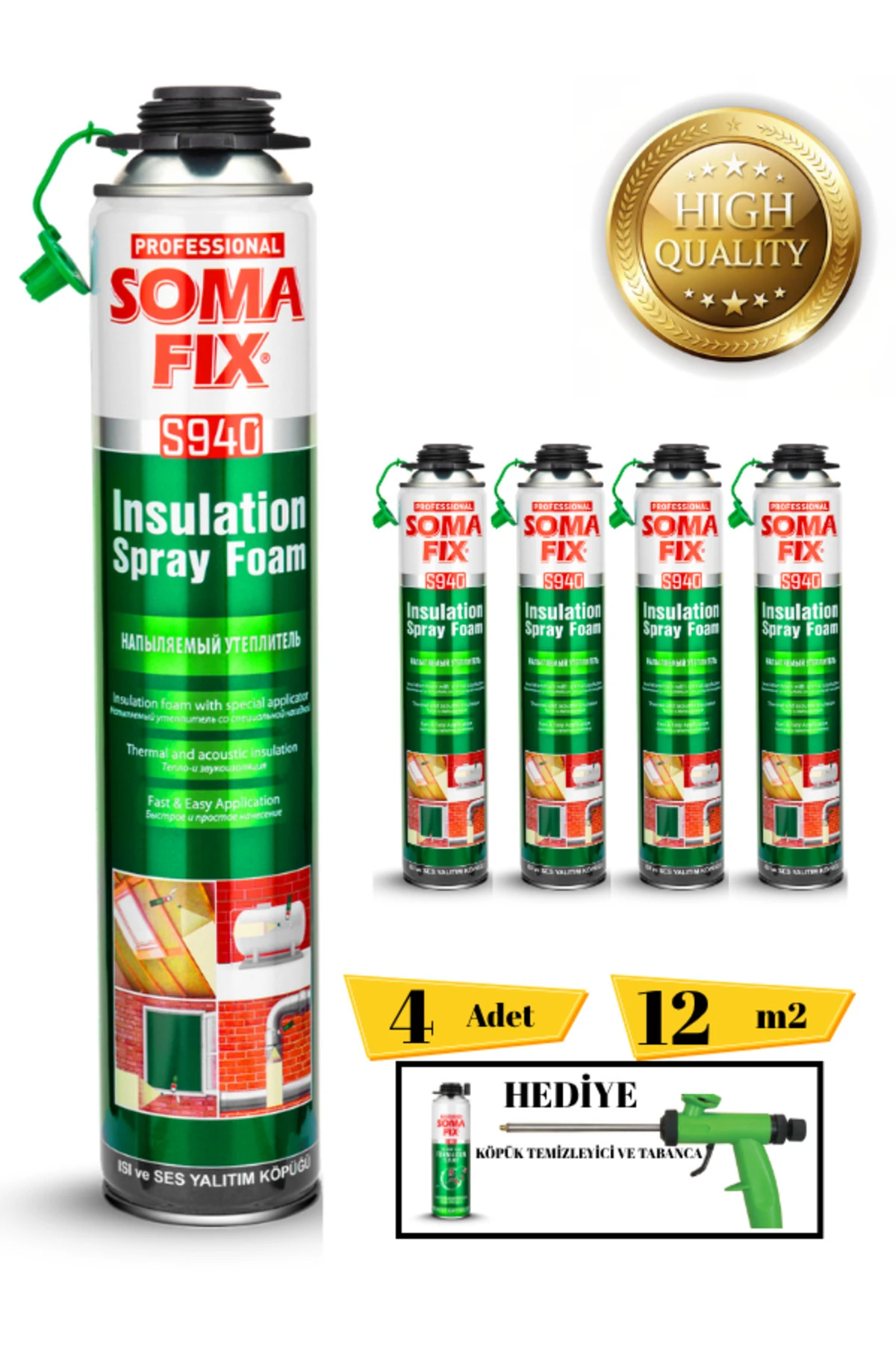 Poliüretan Termal Isı Ve Ses Yalıtım Sprey Köpük (4 ADET) Tabanca Ve Temizleyici Hediyeli
