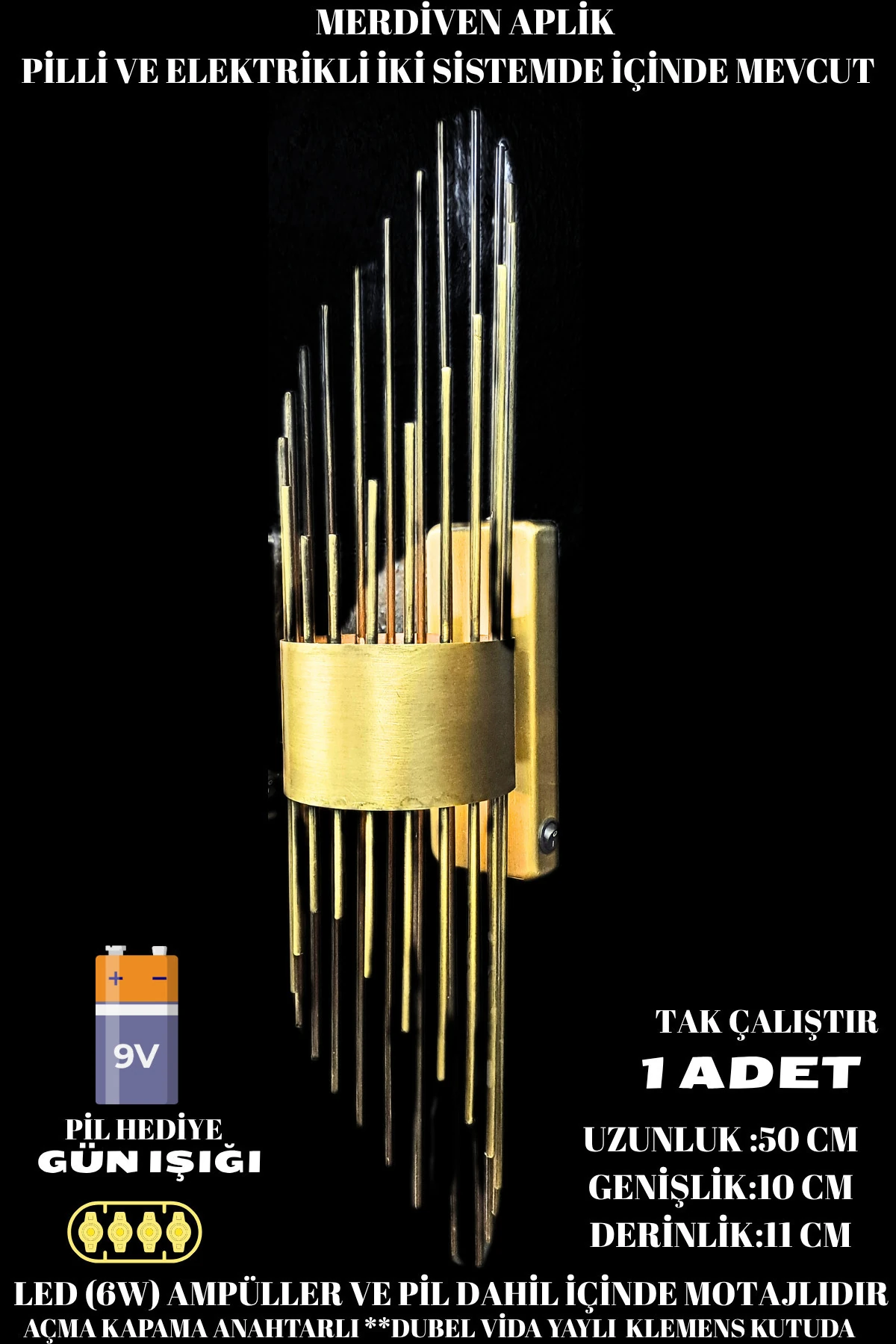 Merdiven Aplik Eskitme, Pilli Aplik, Anahtarlı, Pilli Elektrikli Ledli Duvar Aplik, Gece Lambası