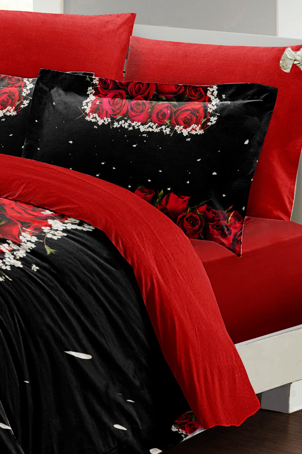 Sevgililer Günü Özel Çift Kişilik Nevresim Takımı Pamuk Saten Black Roses