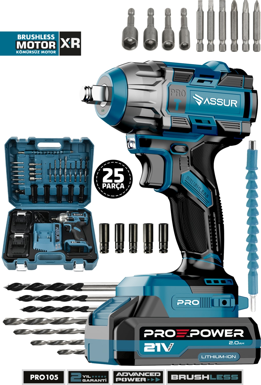 Pro 21V Çift Akülü Kömürsüz Motor Darbeli Şarjlı Matkap Somun Sıkma Sökme