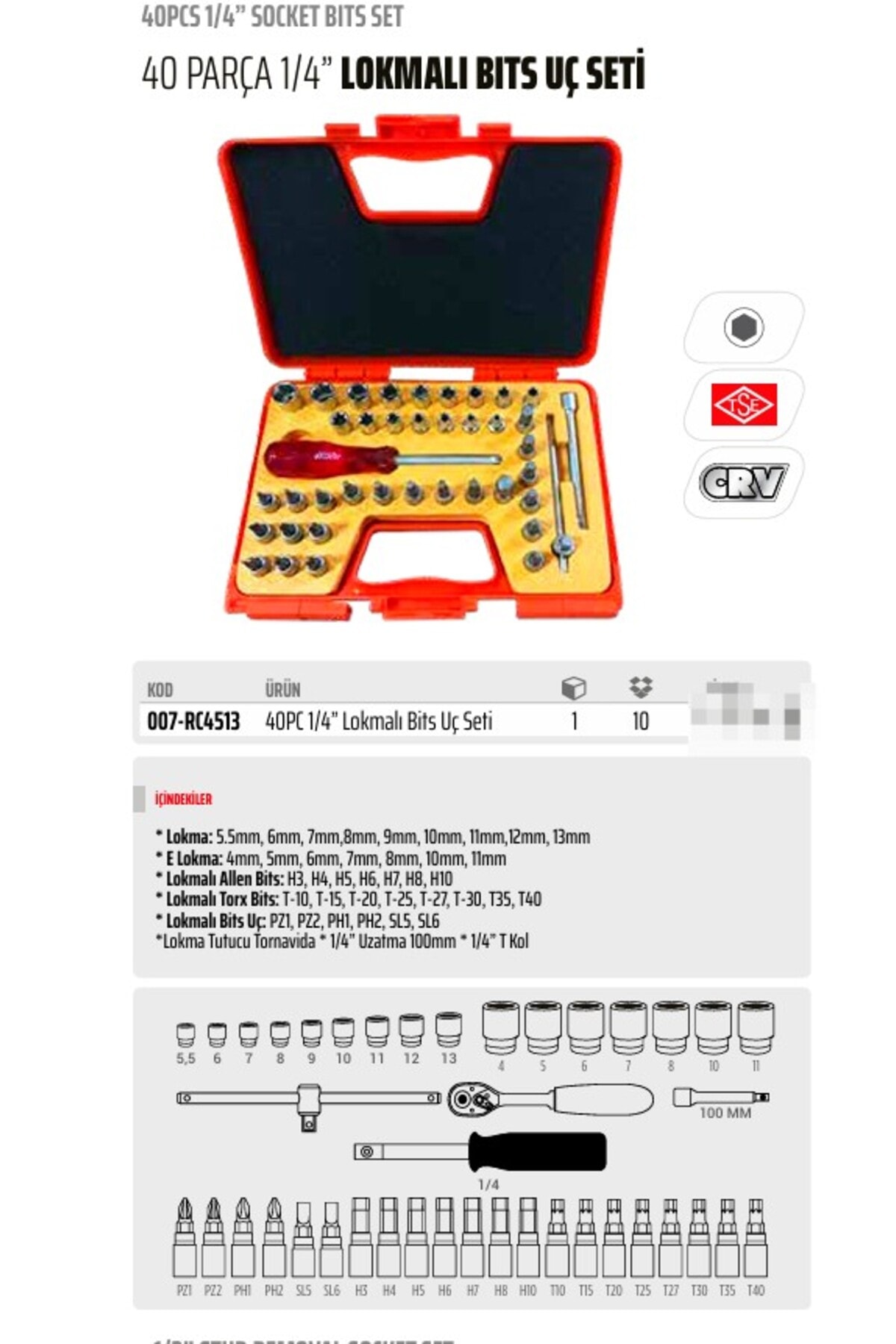 RİCO 40 Parça 1/4 Lokma Takımı Bits Lokmalı 006-RC4513