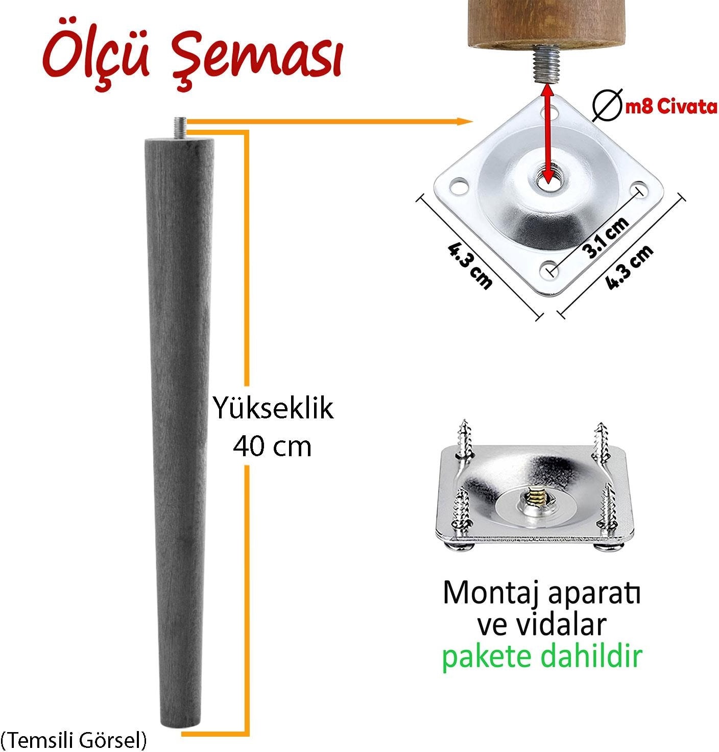 Ahşap Ayak 40 cm Koyu Meşe M8 Civatalı Bağlantı Aparatlı Mobilya Tabure Sehpa Masa Destek Ayağı