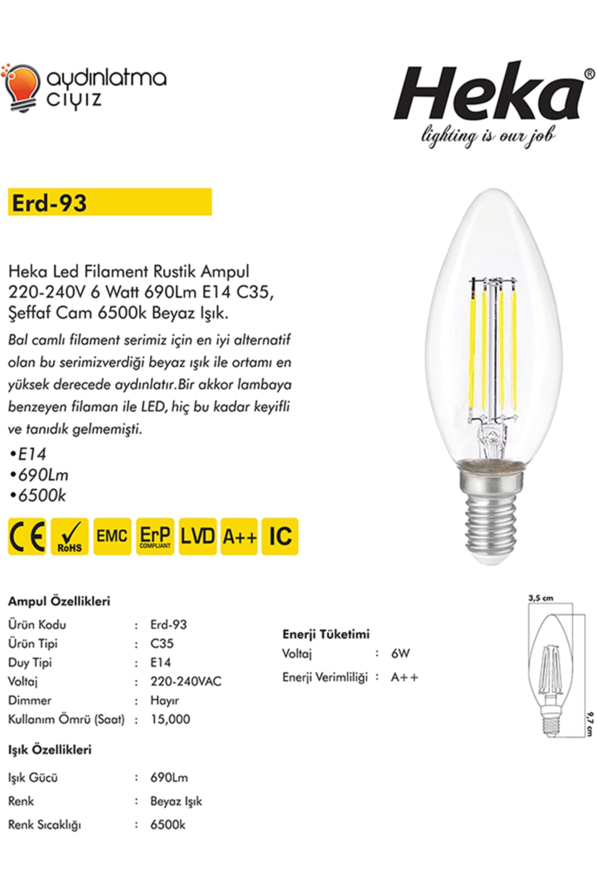 10'lu Led Filament Rustik Ampul Kıvrık Uç 6w E14 6500k (BEYAZ İŞIK)