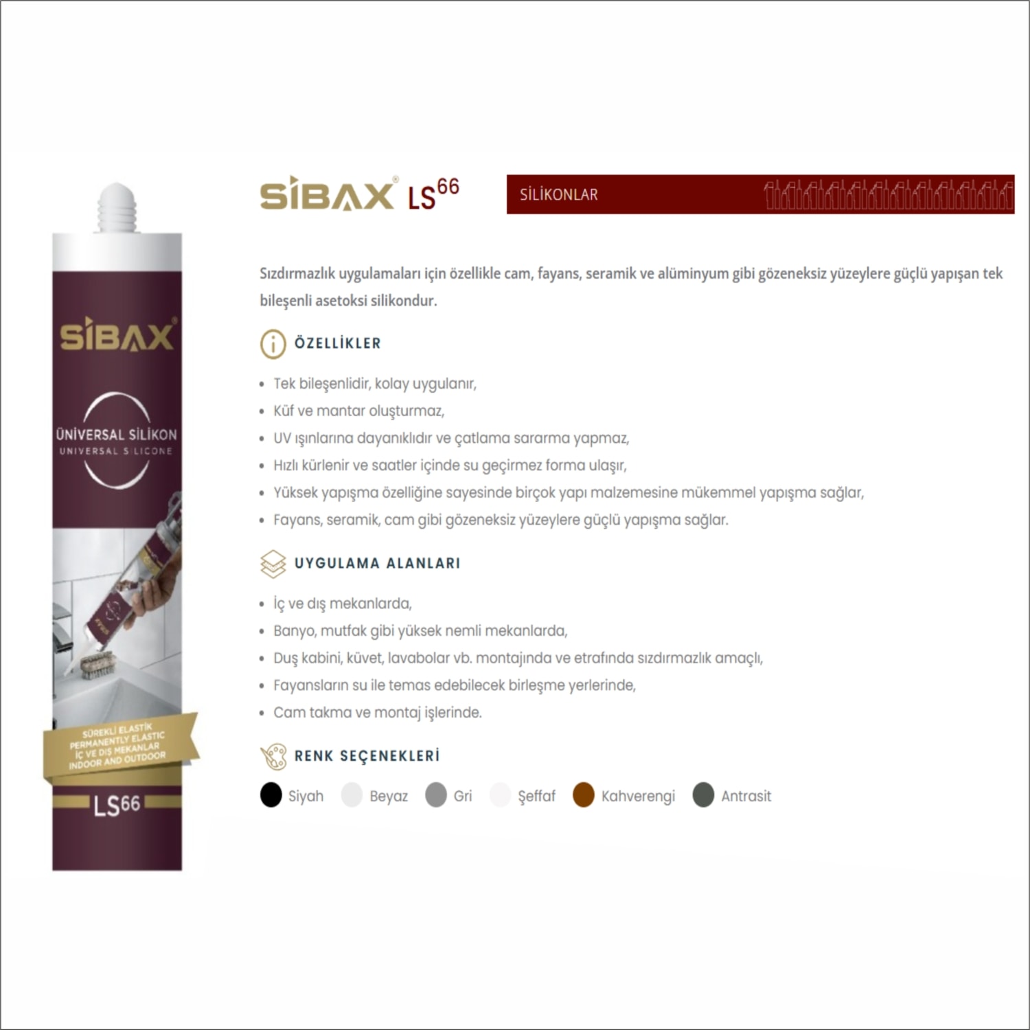 LS66 Tek Bileşenli Asetoksi Silikon 280 GR Genel Amaçlı Silikon