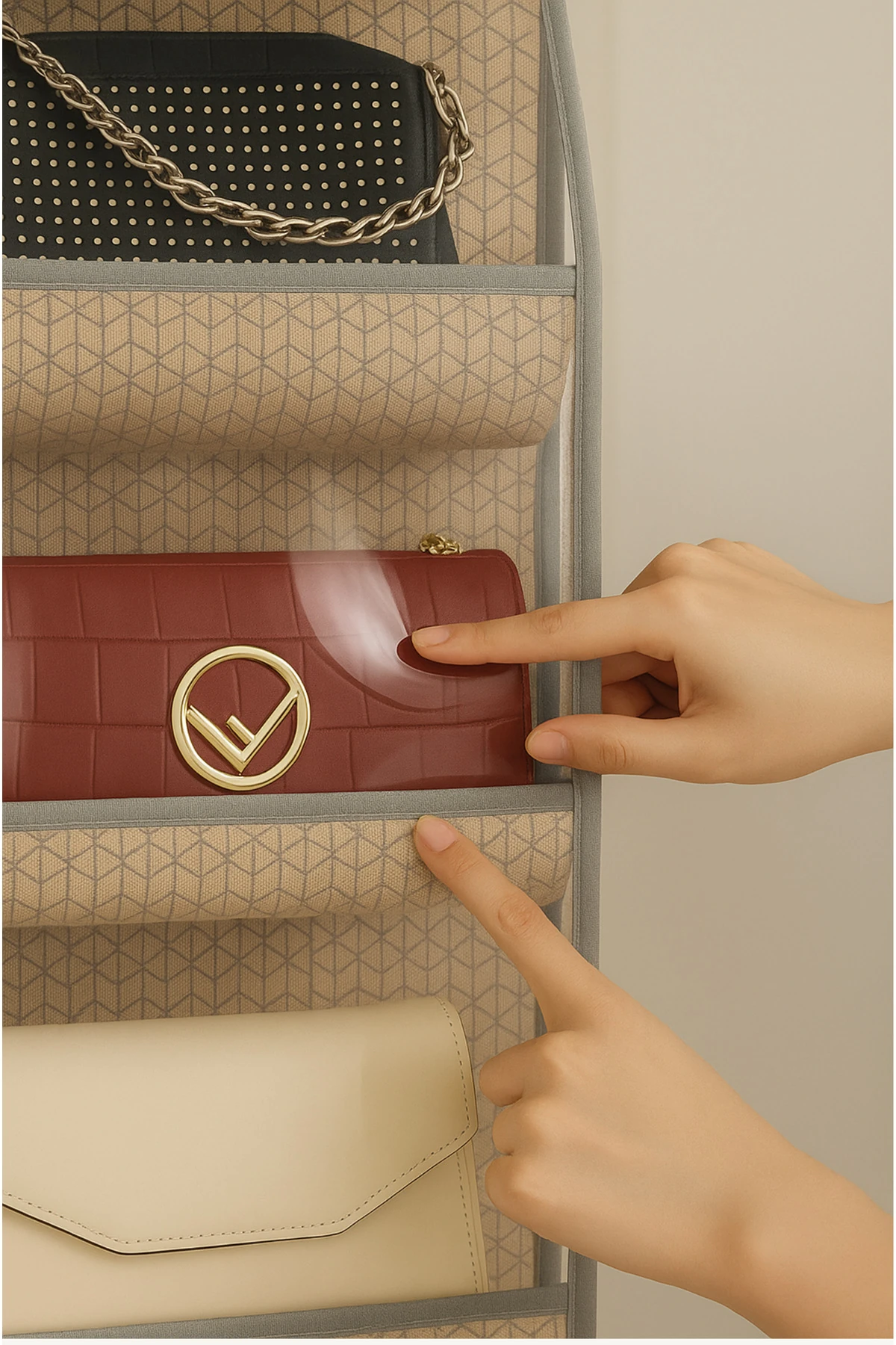 8 Cepli Dolap İçi Düzenleyici Askılı Çanta Saklama Organizeri Bej