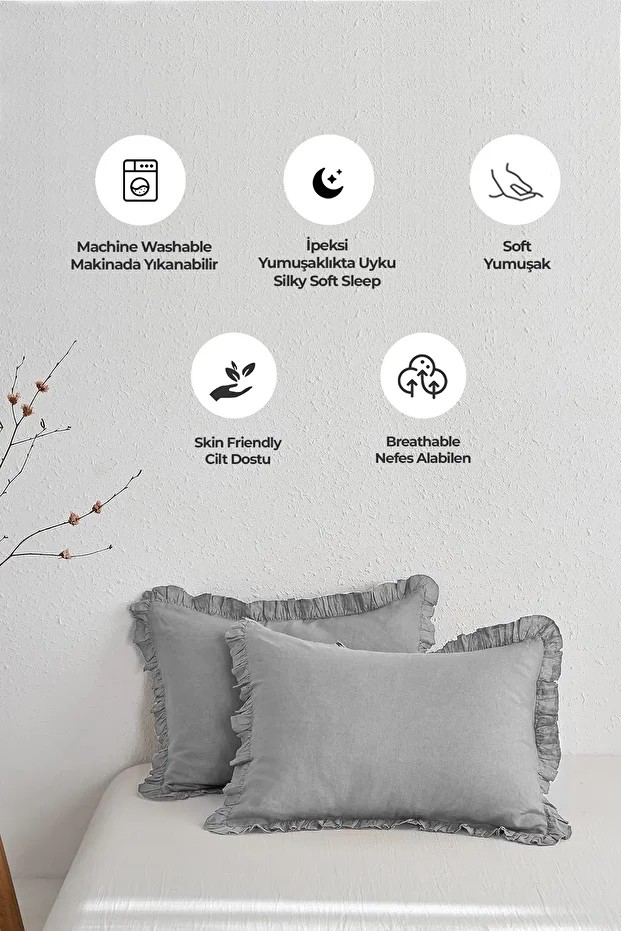 Pamuklu Taş Yıkama Fırfırlı Nevresim Takımı Çift Kişilik 4 Parça Barella Yumuşak Nevresim Seti Gri