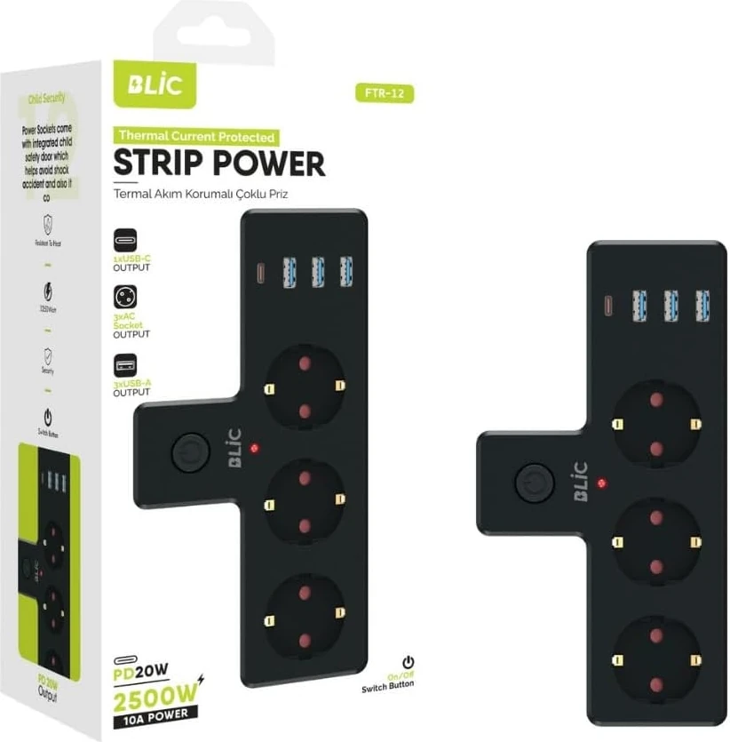 Akım Korumalı 3&apos;lü Priz, 3x Usb,1x Type-C Giriş, Siyah Renk (Kablosuz)