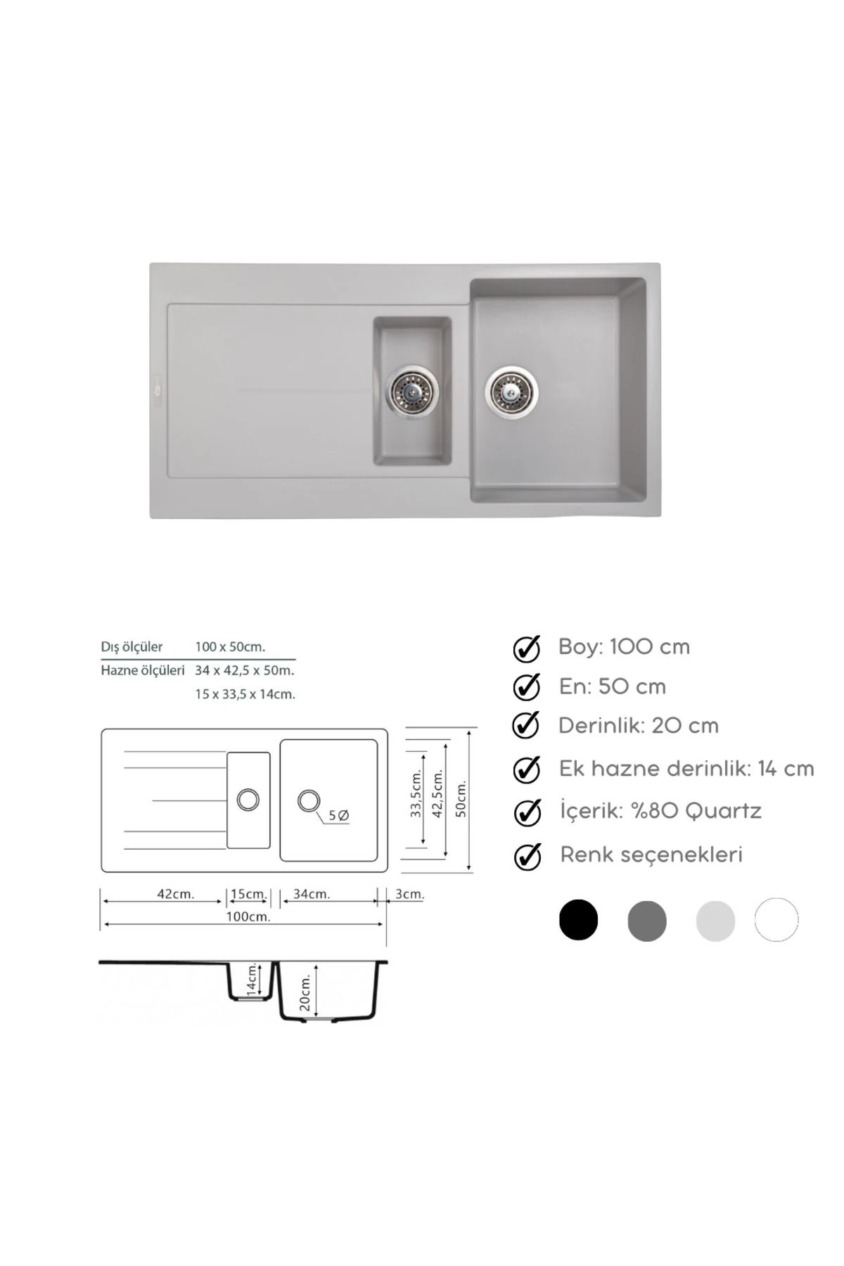 1,5 Göz Açık Gri 100x50 Cm Granit Evye