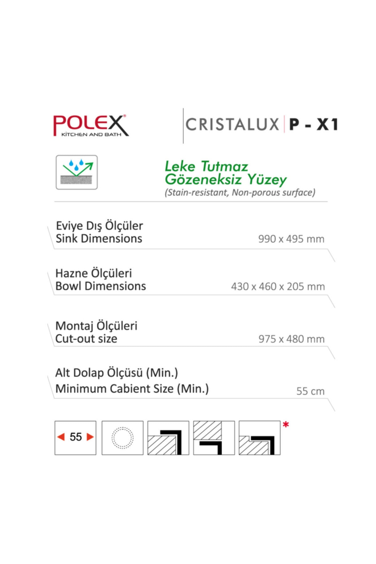 Cristalüx Granit Evye P-x1 Toprak Tezgah Altı Ve Tezgah Üstü Mutfak Evyesi 98x49,5cm