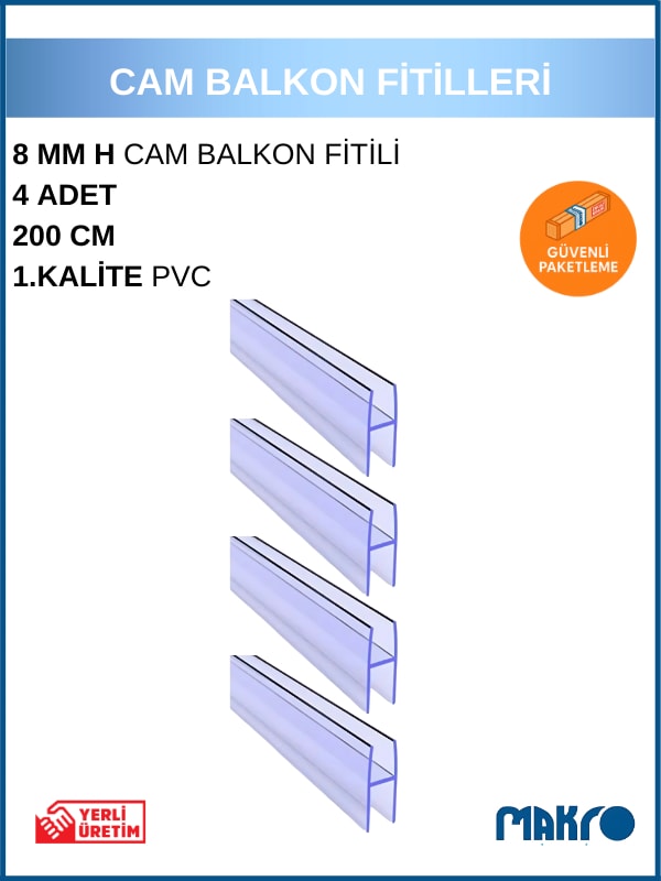 8 x 10 mm Büyük H Cam Balkon Şeffaf Fitil 4 Adet 200 cm