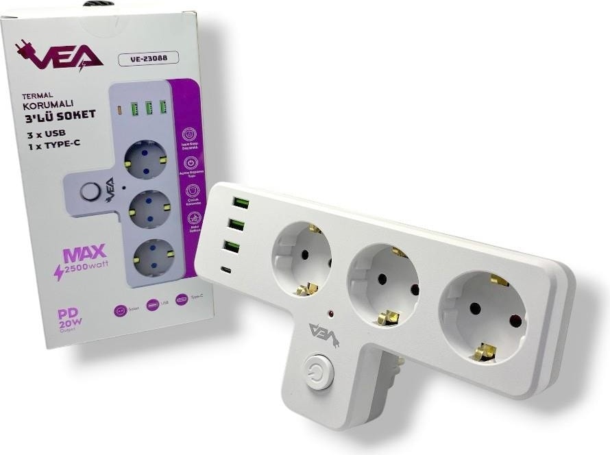 VE-23088 3 Soketli 3xusb+Type-C Çocuk ve Termal Korumalı Anahtarlı Priz