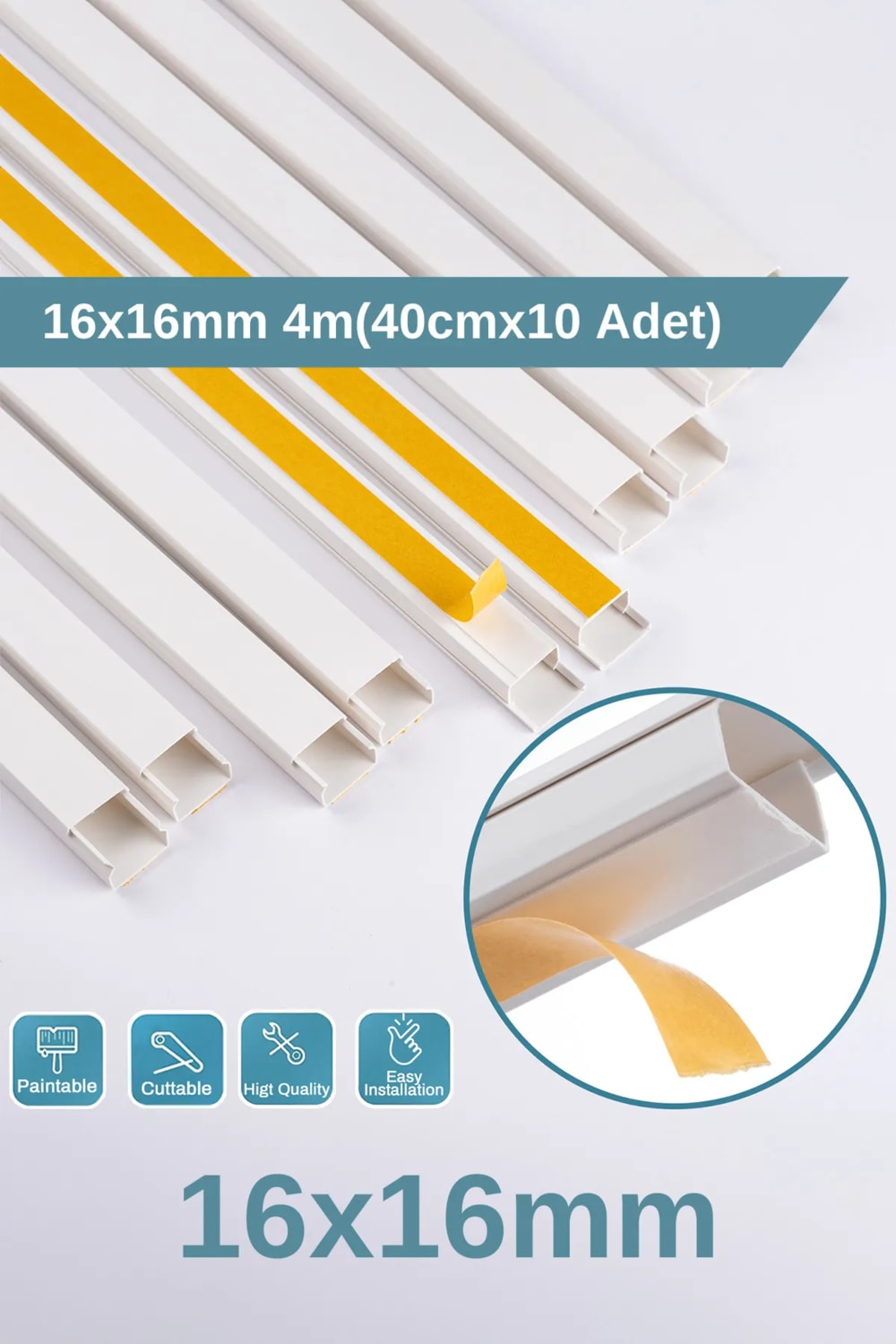 4 Metre (16X16MM) Kedinden Yapışkanlı Kablo Kanalı | 4m (10 Adet x 40CM) Kablo Gizleyici
