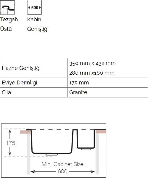 Evye Valente D-150L Siyah Granit