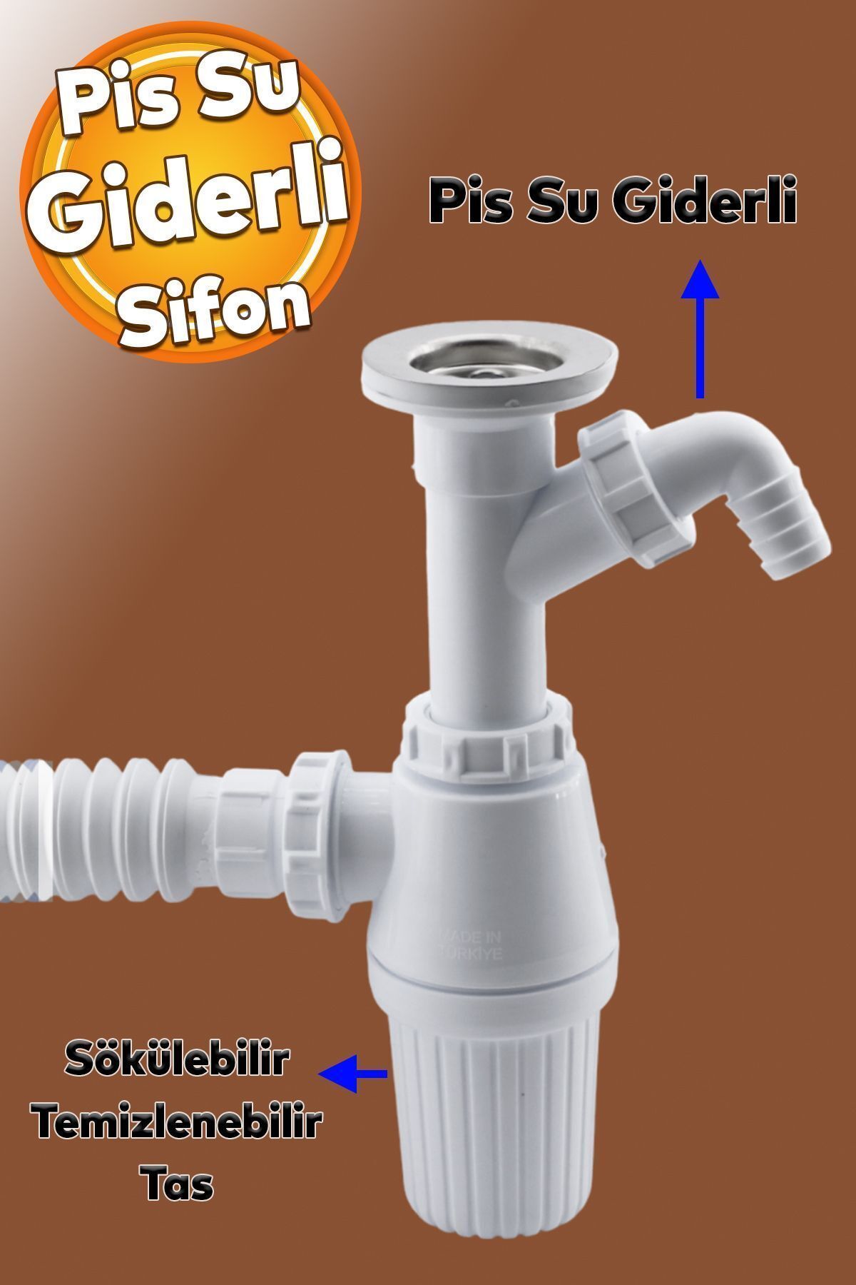 Sökülebilir Pis Su Giderli Tas'lı Çift Lavabo Gideri Evye Sifonu Körüklü Mutfak Banyo Borusu
