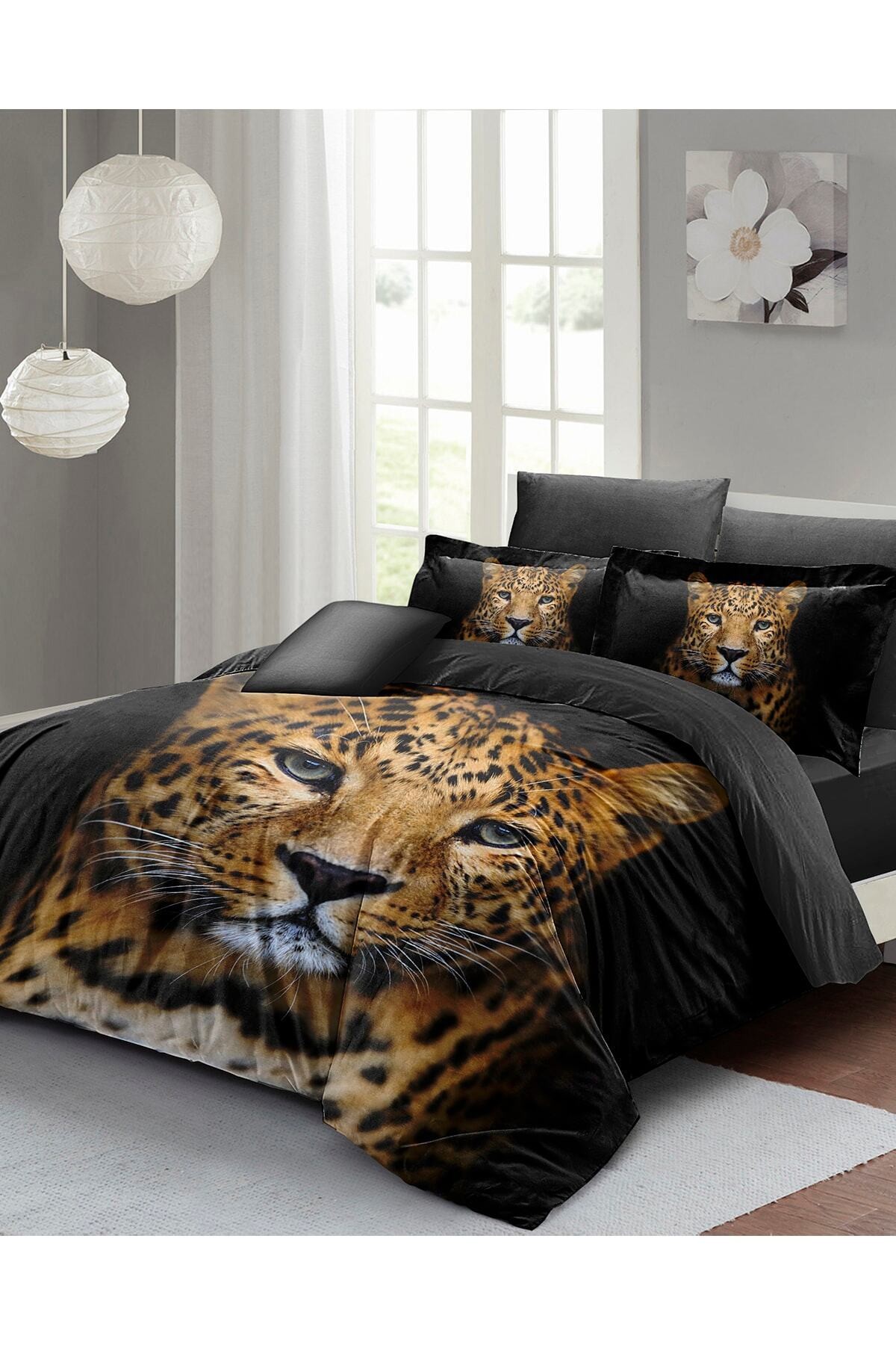 Kıng Sıze Leopar Çift Kişilik Nevresim Takımı %100 Pamuk Saten 3d Özel Tasarım 220x240cm