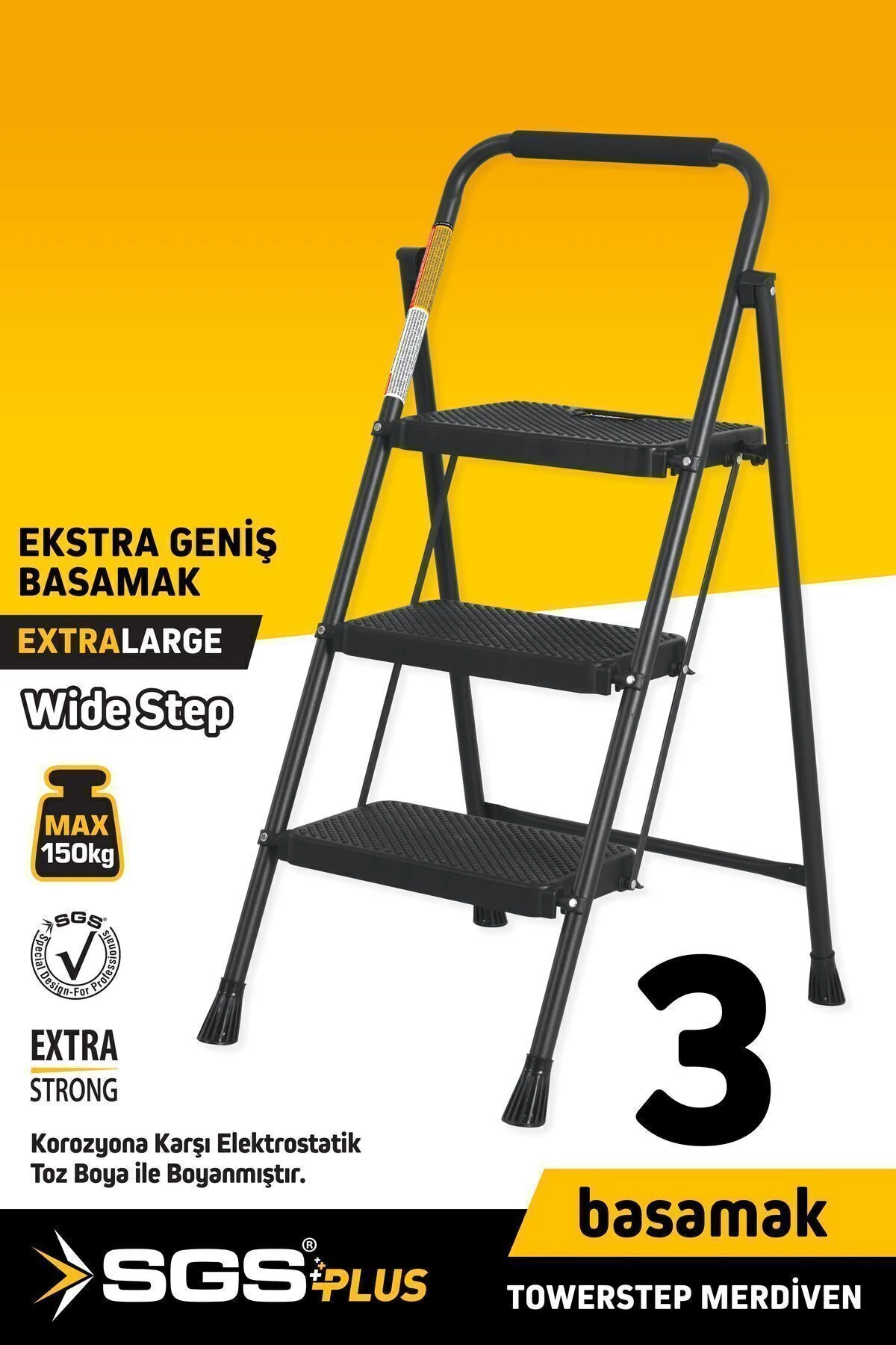 Sgs1193 Towerstep 3 Basamak Extra Geniş Basamaklı Metal Merdiven 150 Kg Taşıma Kapasiteli