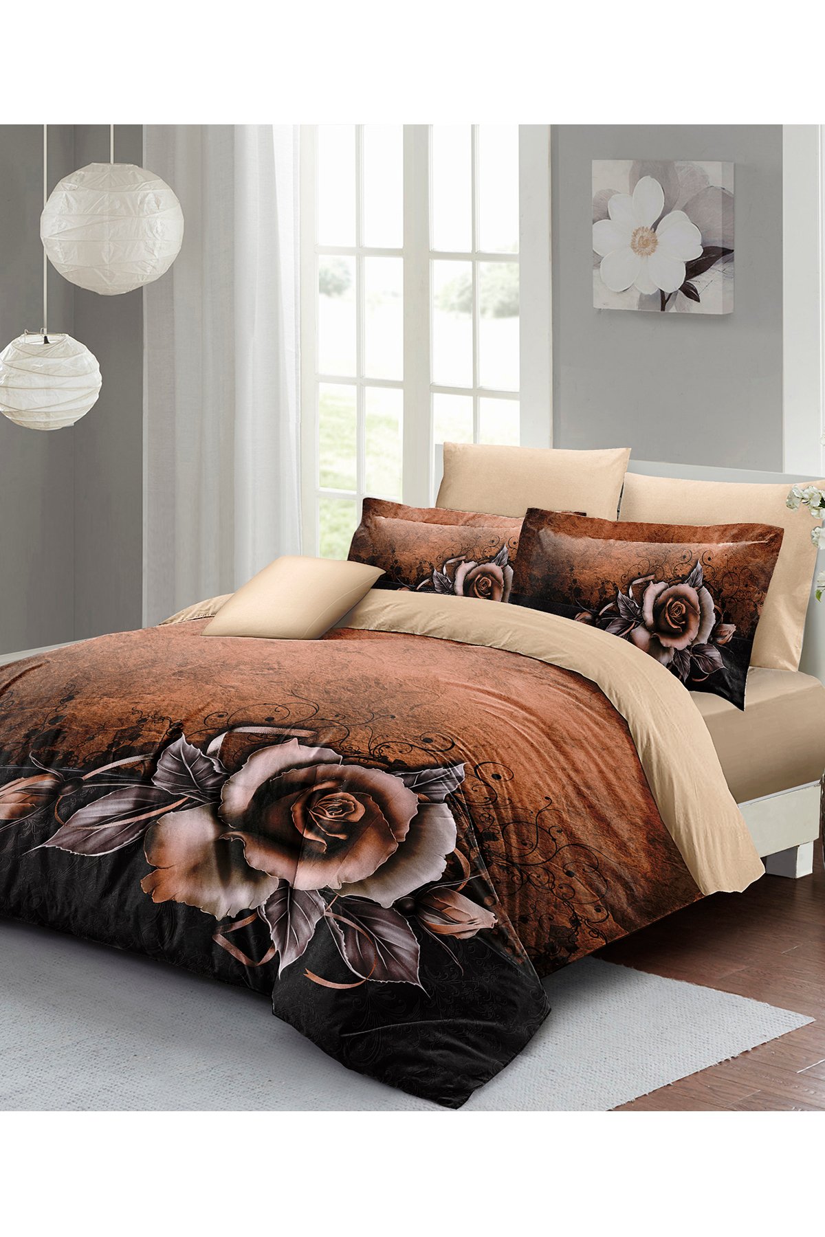 Kıng Sıze Nevresim Takımı %100 Doğal Pamuk Çift Kişilik 3d Digital Copper Rose 220x240cm