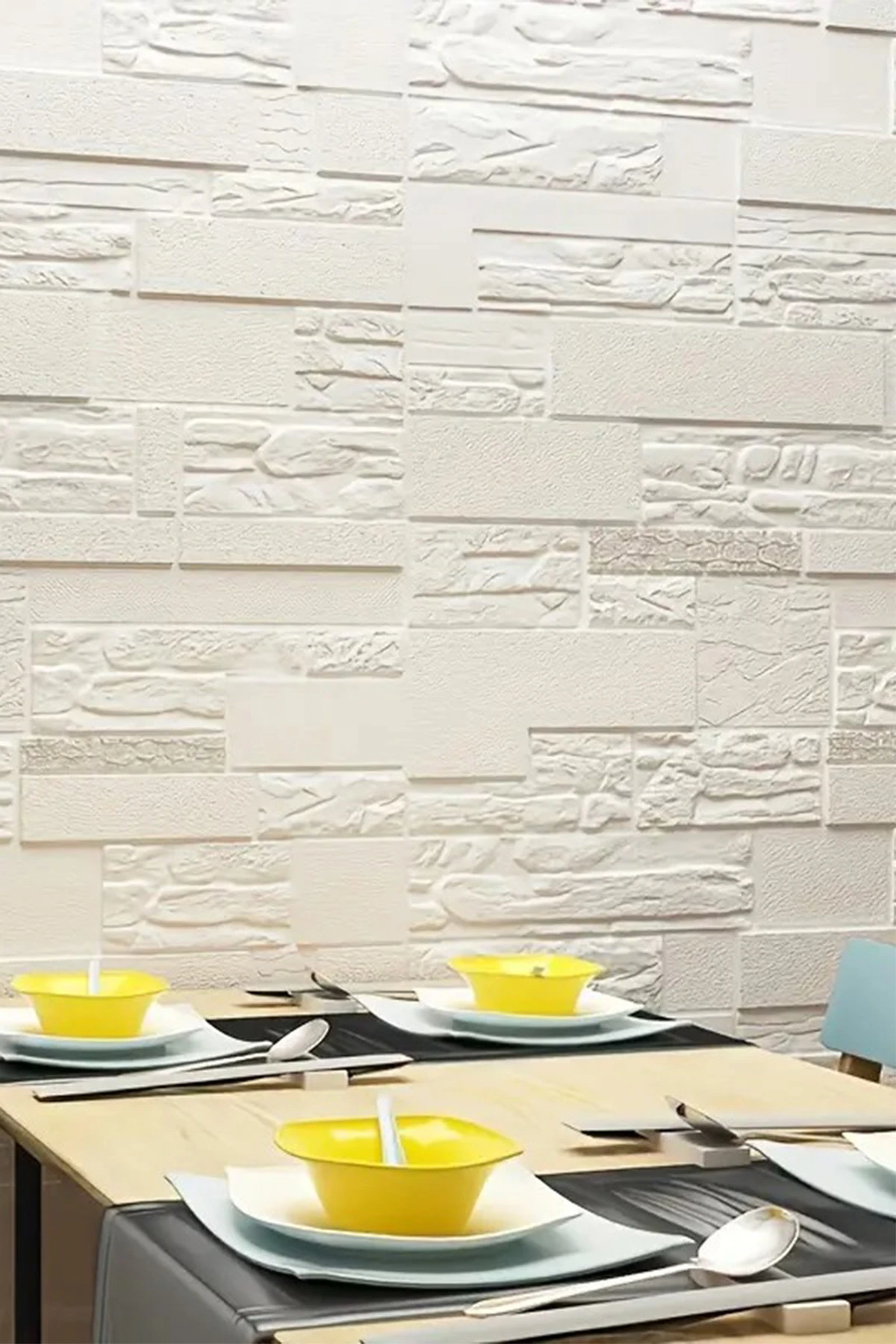 Beyaz Dekoratif Kendinden Yapışkanlı Taş Ev Tuğla Kesme Taş Duvar Paneli Köpük 70x70cm 0,50M²