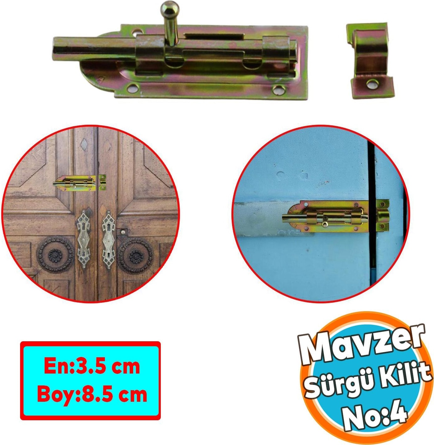 Mavzer Sürgü Kilit No:4 Kadmiyum 35X85 mm Kapı Pencere Emniyet Mandalı Kilidi