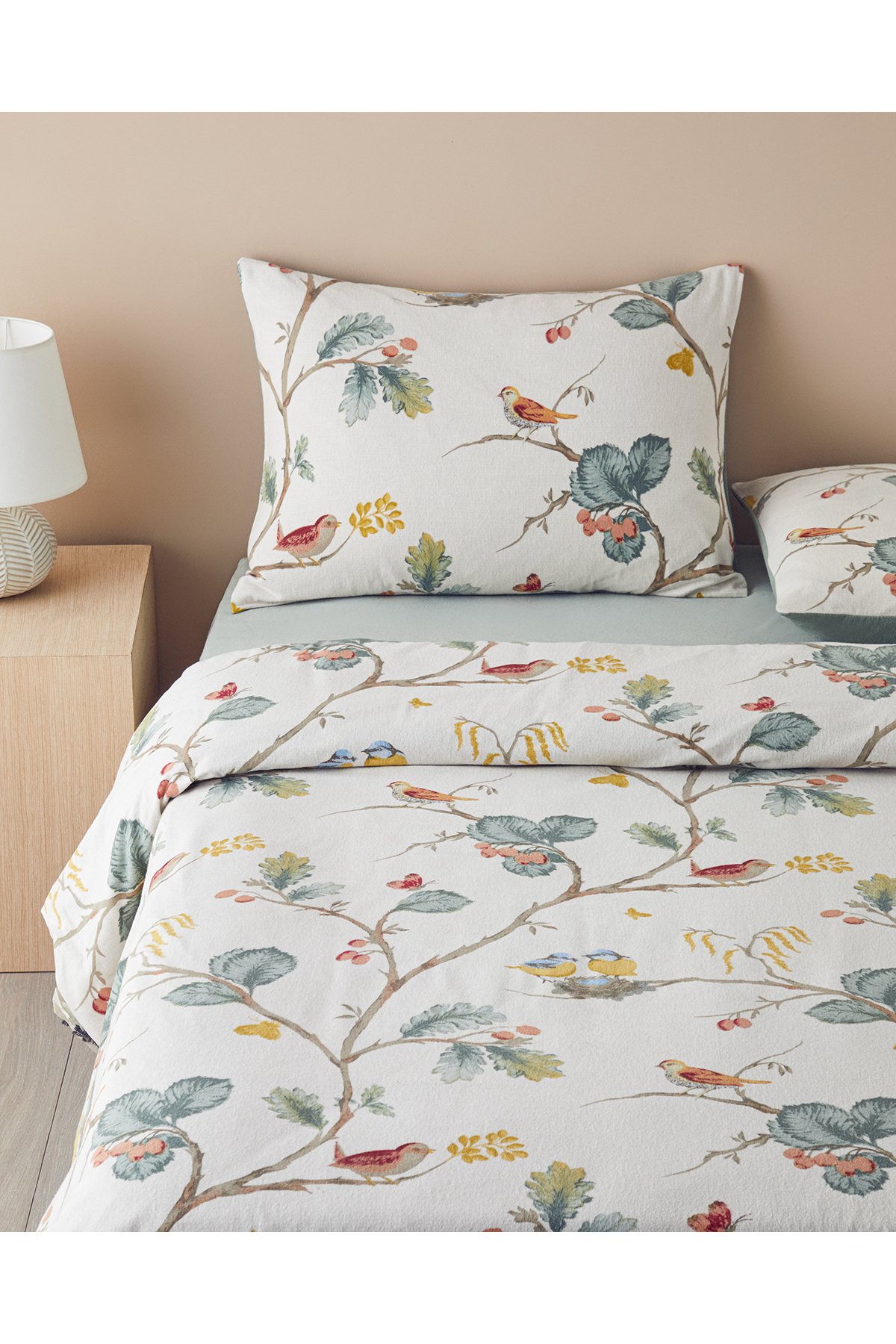 Birds Symphony Flanel Çift Taraflı Çift Kişilik Nevresim Takımı 200x220 cm Bej