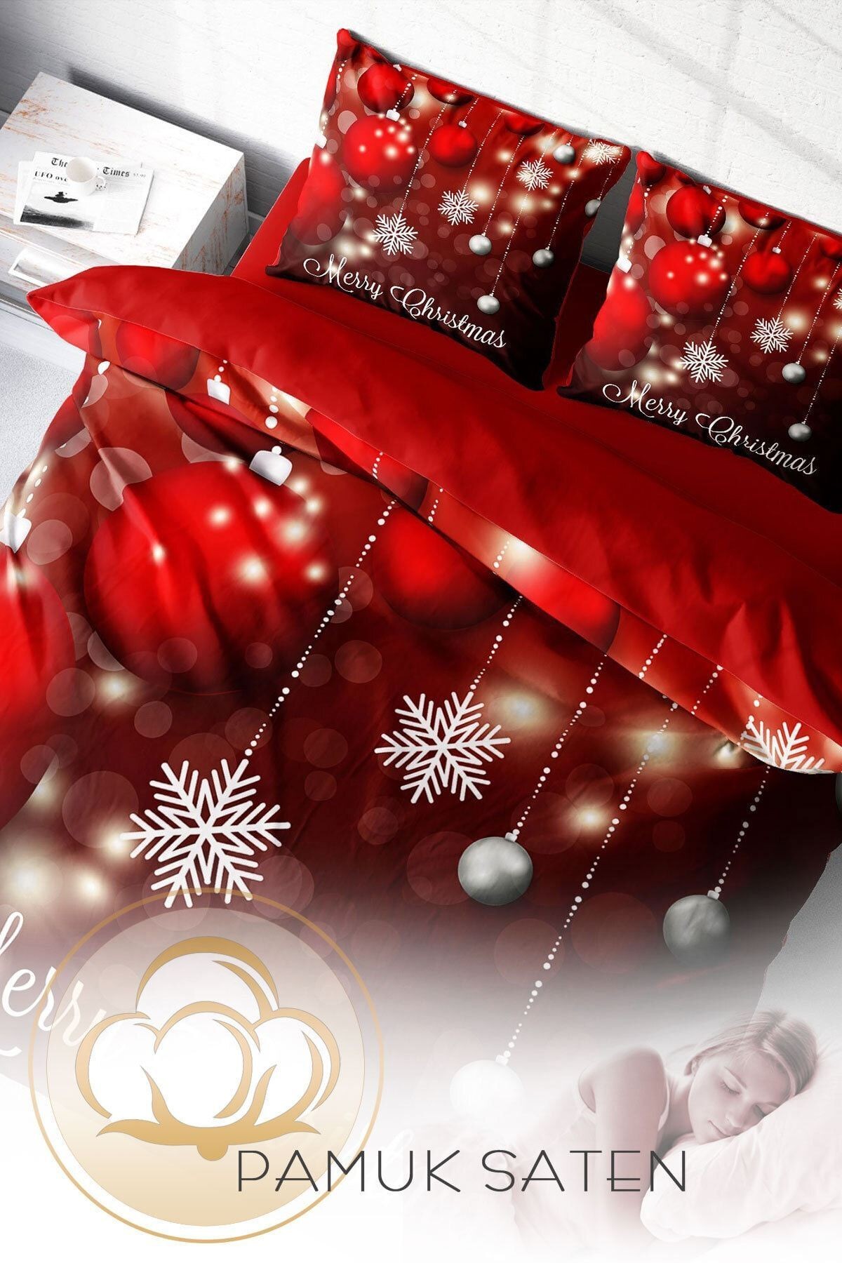 Yılbaşı Nevresim Takım %100 Doğal Pamuk Noel Çift Kişilik Crystal