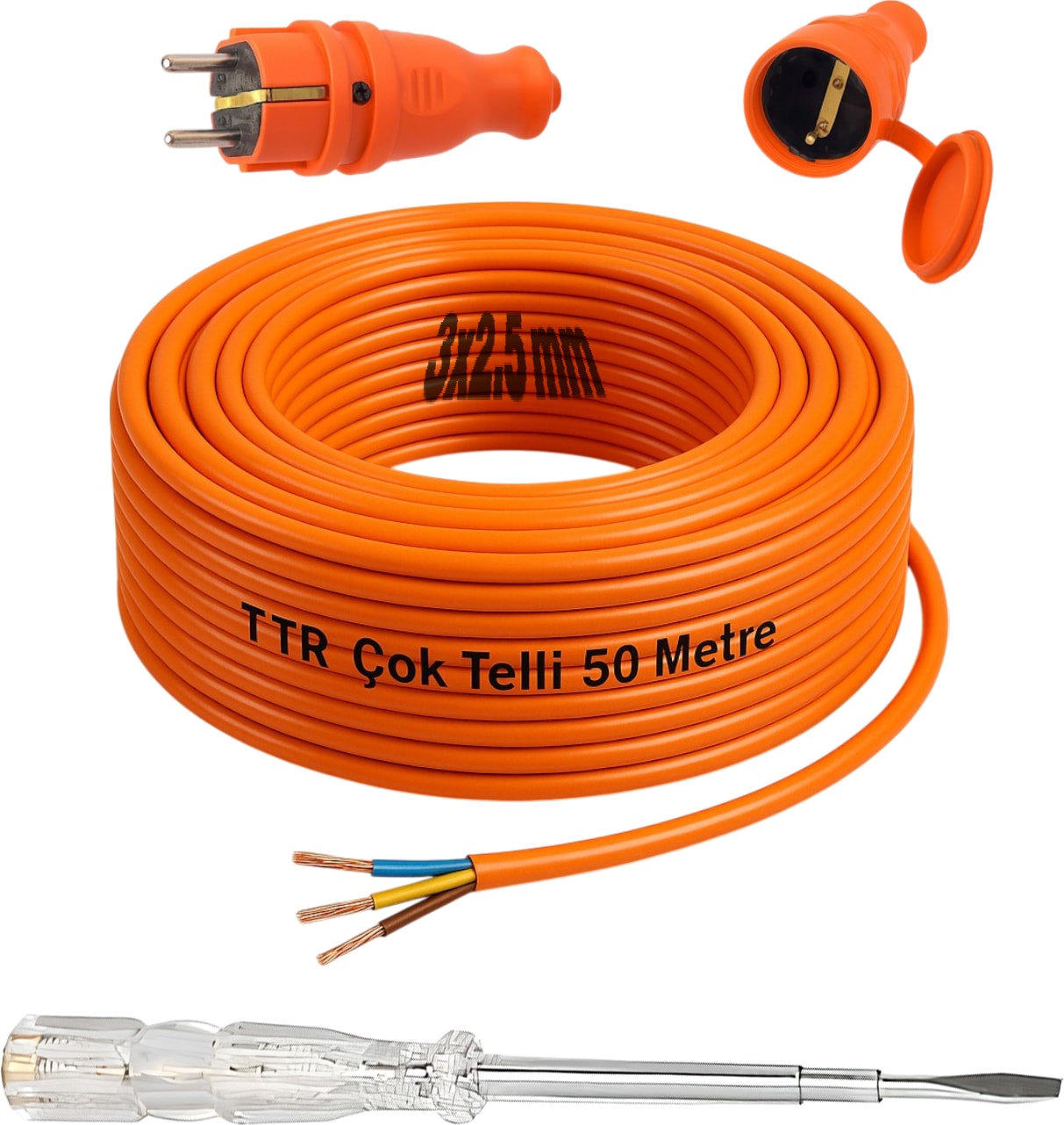 Seyyar 50 Metre Uzatma Kablosu Ttr Cca Telli 3x2.5 mm Elektrik Kablo Kontrol Kalem Dişi Erkek Fiş