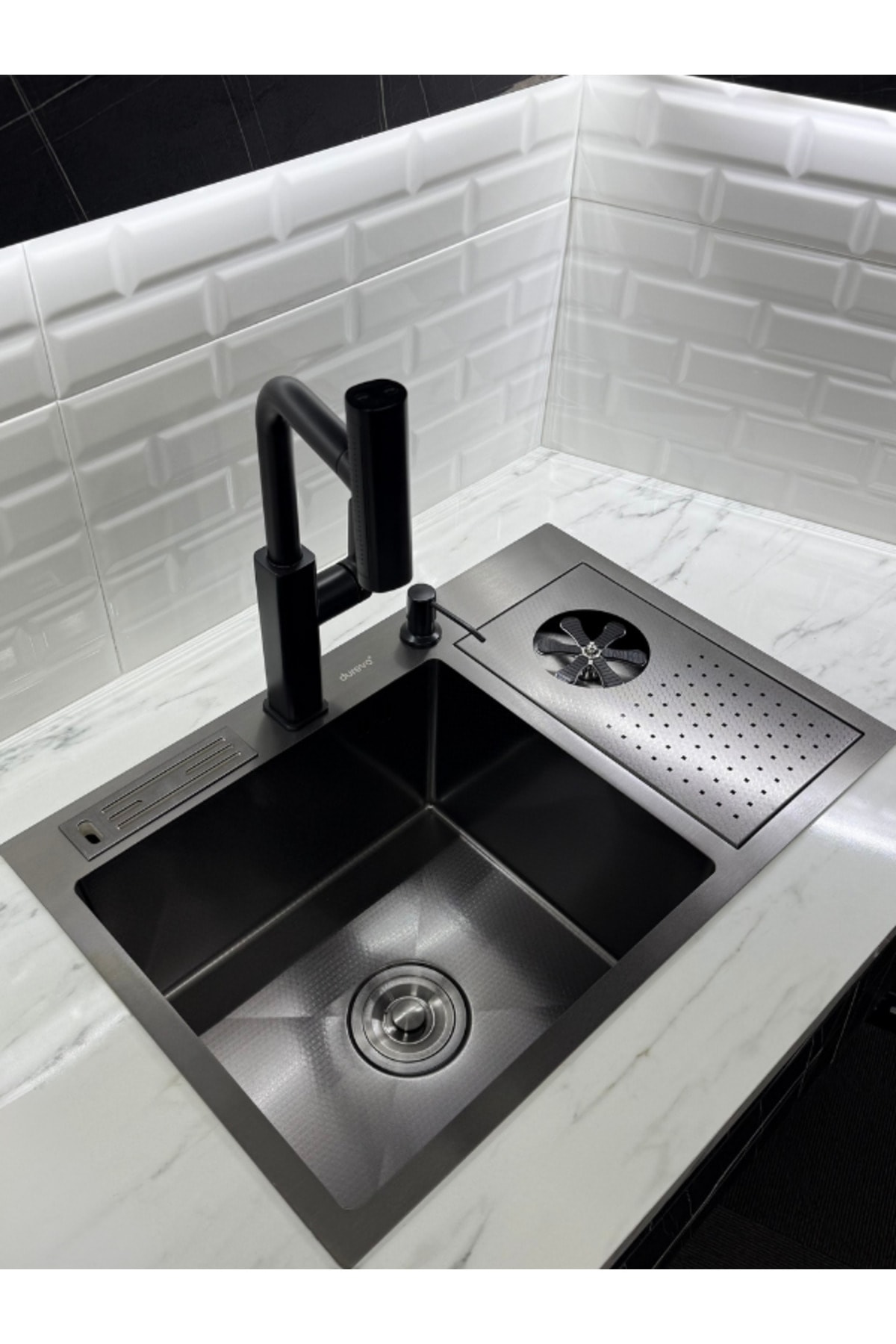 Moderno Paslanmaz Çelik Bardak Yıkamalı Akıllı Mutfak Evyesi Bal Peteği Yüzey Siyah 76x48cm Eviye