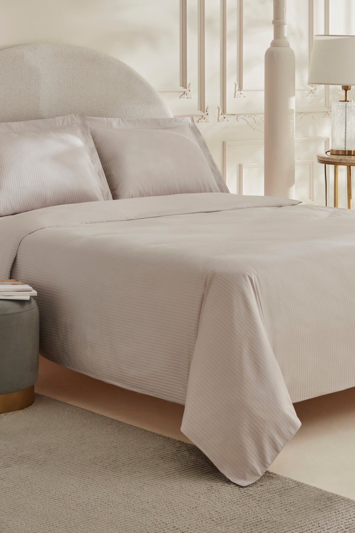 White Collection Vessa Çift Kişilik Çizgili Saten Nevresim Takımı Açık Gri