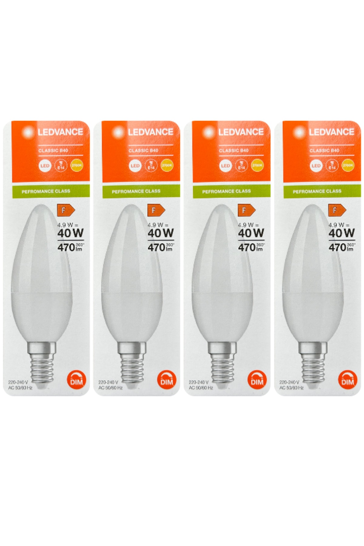 (4 Adet) Ledvance 4,9W (40W) 2700K (Sarı Işık) Dim Edilebilir E14 Duylu (İnce Duy) Led Mum Ampul