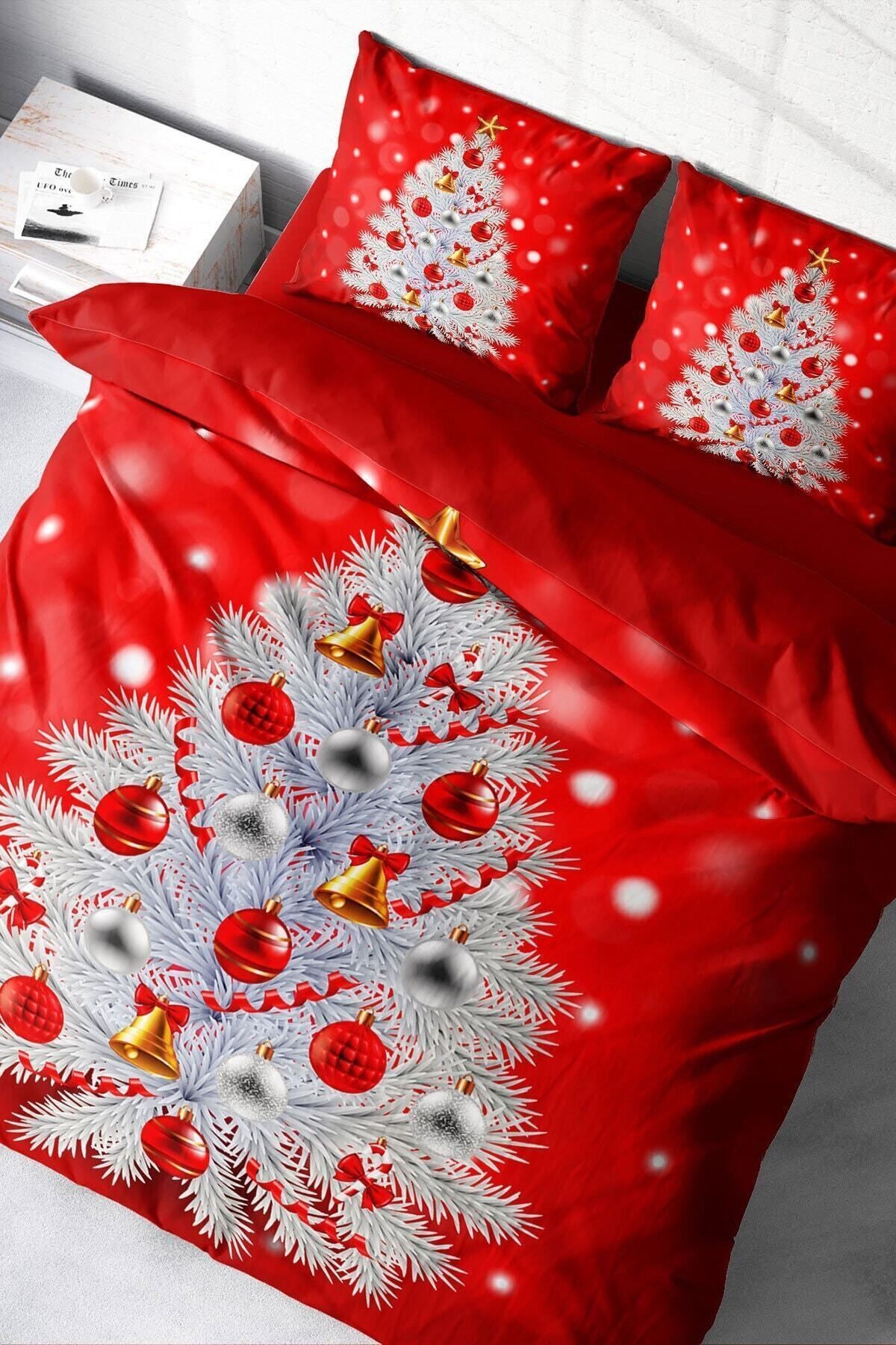 Yılbaşı Nevresim Takımı (Lastikli Çarşaflı) Çift Kişilik %100 Pamuk Saten Gift Noel