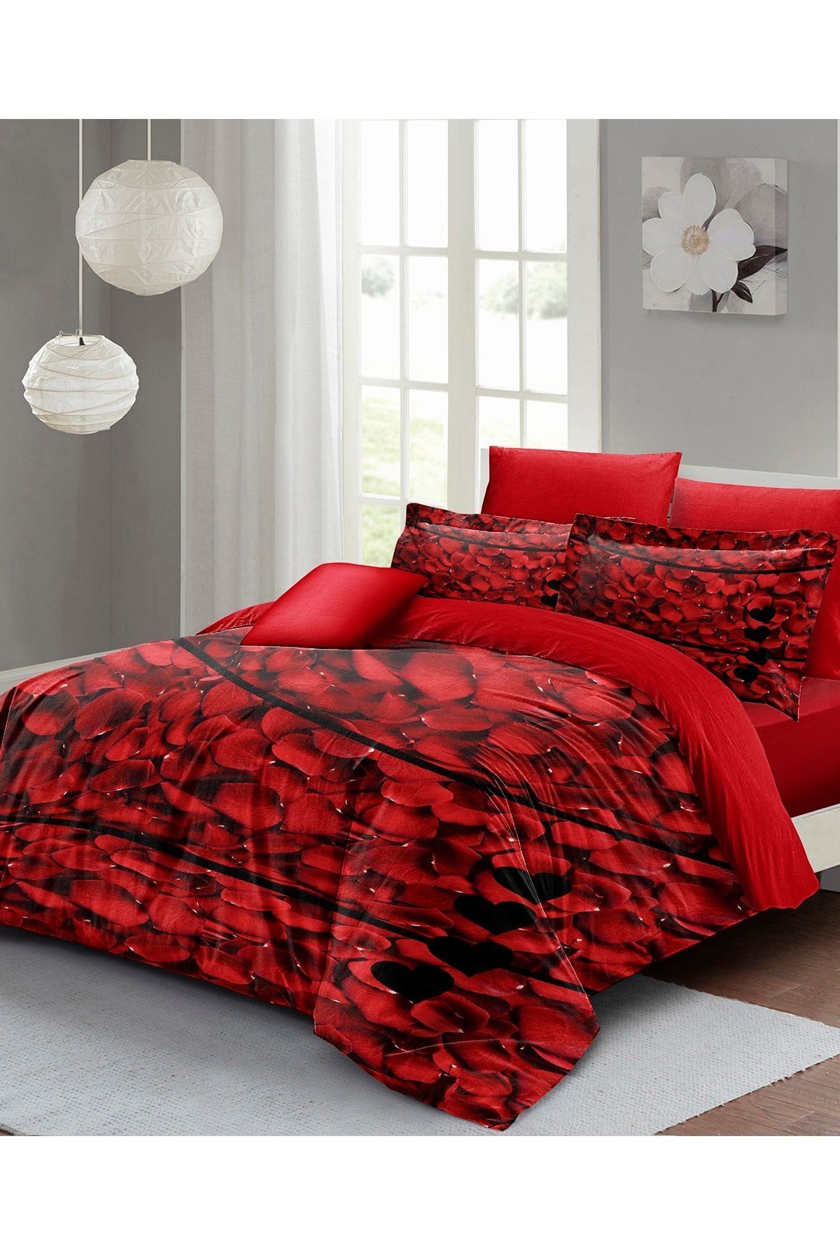 Çift Kişilik ( Lastikli Çarşaflı ) Sevgililer Günü Nevresim Takımı % 100 Pamuk Saten Rose Feather