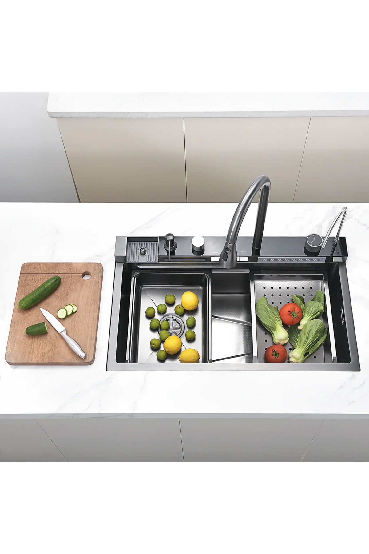 Teknolojik Akıllı 304 Paslanmaz Çelik Full Set Antasit Gri Piyano Tuşlu Evye Seti